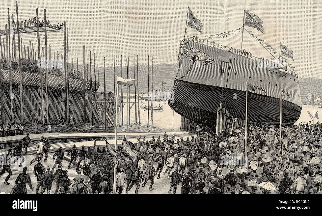 Spagna. Bilbao. Lancio del cruiser Infanta Maria Teresa. Incisione presso "l'Spagnolo e illustrazione americana", 1890. Foto Stock