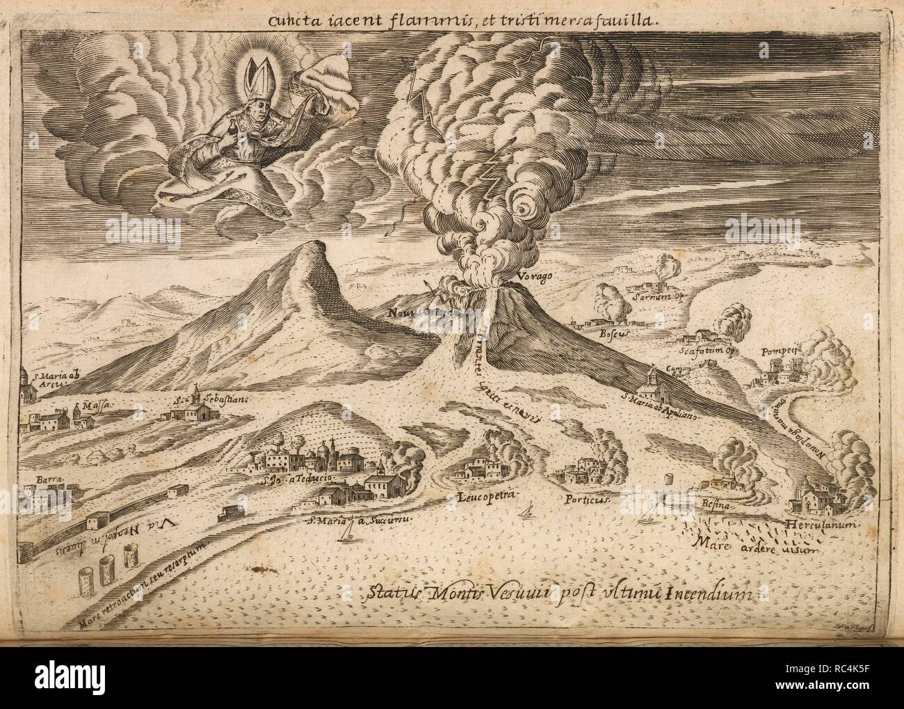 Illustrazione dei vulcani in eruzione. Lava e fumo scoppiando dalla cima di una montagna. Il Vesuvio. . J. B. Masculi de Incendio Vesuvii ... Neapoli (Napoli), 1633. Fonte: 664.b.21.(1). Lingue: Latina. Autore: Masculus, Joannes Baptista. Foto Stock