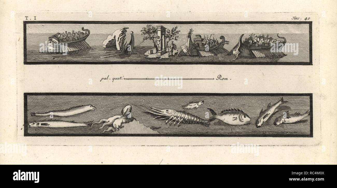 Nella parte superiore, una battaglia navale tra tre navi Bireme presidiata da soldati armati. Ancora una nave affonda in fiamme accanto a rocce. Sull'isola si erge un sacello o tempio con una statua di Nettuno e un guerriero con casco, scudo e luccio. Le vignette di seguito mostra vari tipi di pesci, polpi e aragosta. Copperplate incisi da Tommaso Piroli dal suo "Antichita di Ercolano' (Antichità di Ercolano), Roma, 1789. Artista italiano ed incisore Piroli (1752-1824) pubblicato sei volumi tra 1789 e 1807 per documentare le pitture murali e bronzi trovati in Heraculaneum e Pompei. Foto Stock