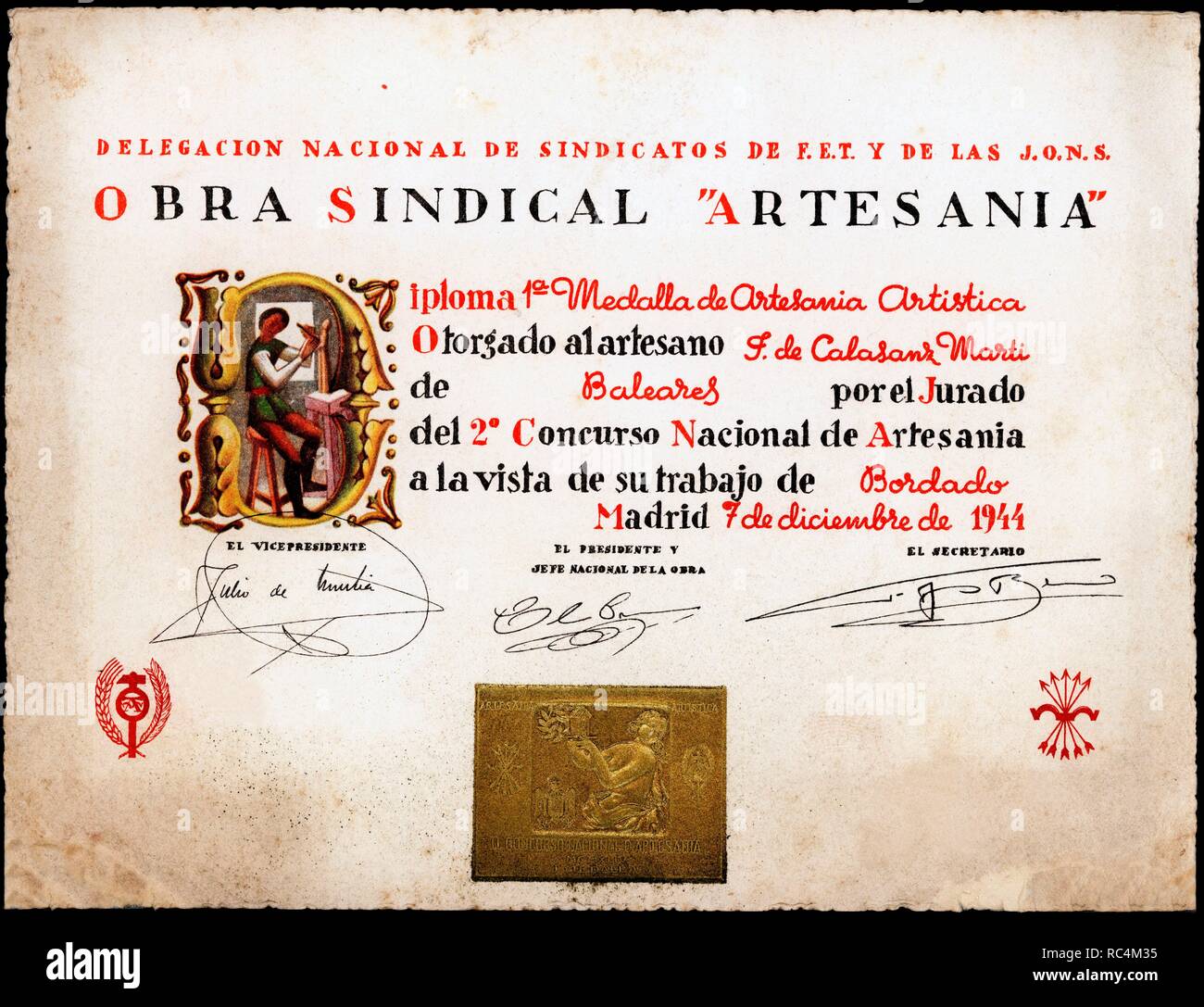Diploma de La Obra Sindical de Falange Española y de las JONS del gremio de Artesanía. Madrid, diciembre de 1944. Foto Stock