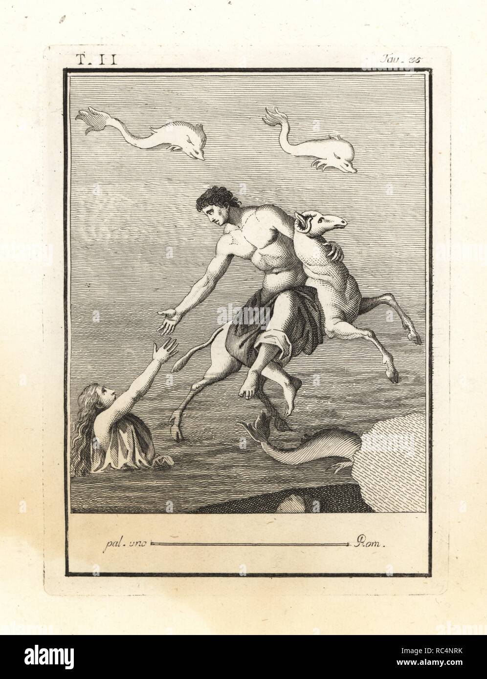 Helle raggiungendo per il suo fratello Phrixus sul suo battenti golden ram cercando dopo la caduta in Hellespont (ora stretto dei Dardanelli). I delfini caper accanto a. Incisione su rame di Tommaso Piroli dalla sua Antichità di Ercolano (Antichita di Ercolano), Roma, 1789. Foto Stock