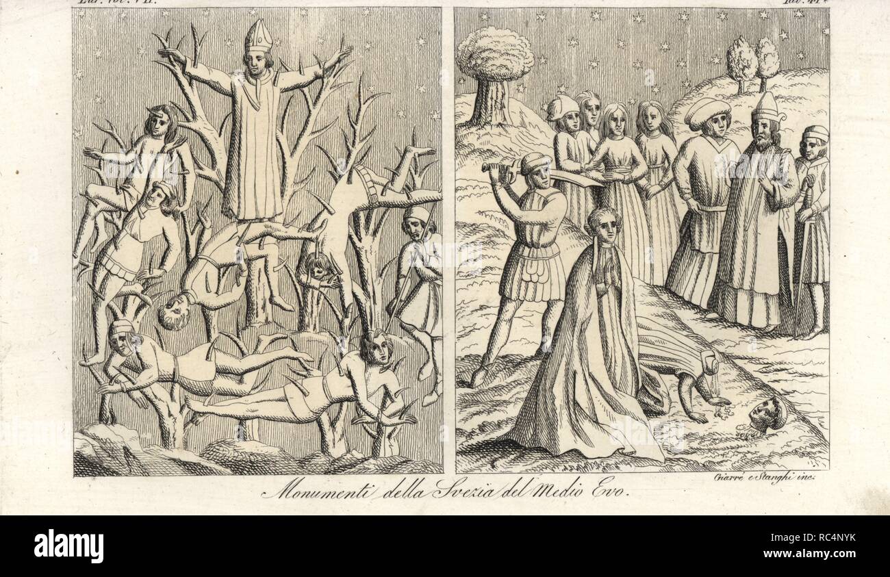 Medioevali monumenti svedese. Il vescovo cristiano e altri uccisi con le frecce e gettato in un boschetto pagano e il martirio di due cristiani in Svezia. Da un dipinto nella chiesa della vecchia Uppsala. Handcolored incisione su rame da Giarre e Stanghi da Giulio Ferrario costumi dell Antico e Moderno di tutti i popoli del mondo, Firenze, 1847. Foto Stock