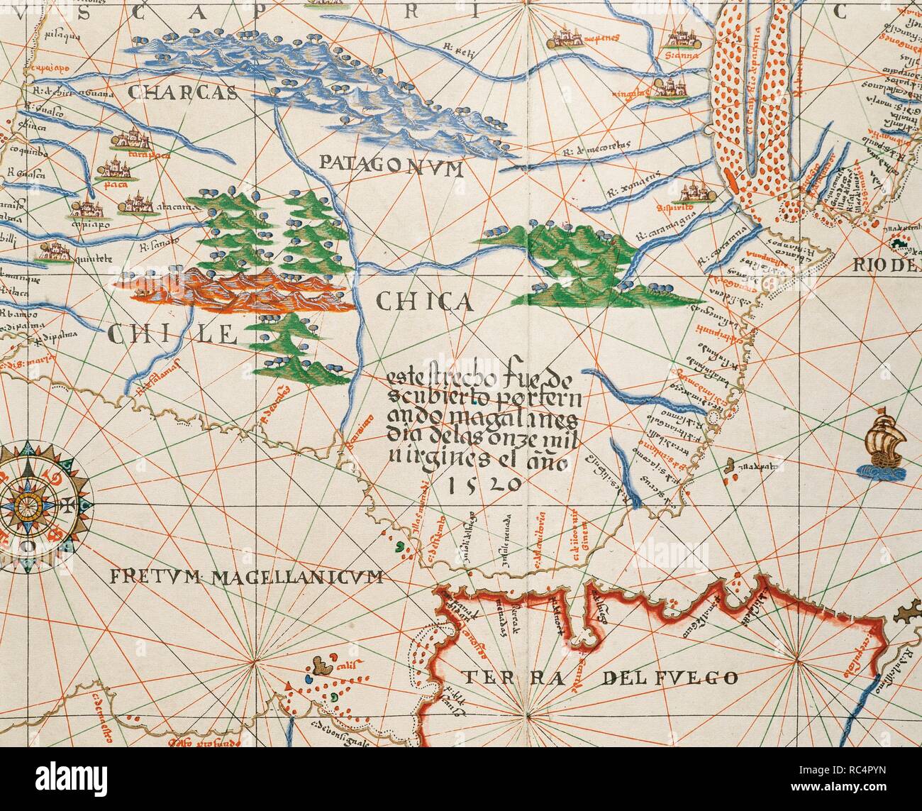 Portolan atlas del mondo di Joan Martines (1556-1590). Messina, 1587. Stretto di Magellano, Patagonia e Tierra de Fuego. Biblioteca nazionale. Madrid. Spagna. Foto Stock