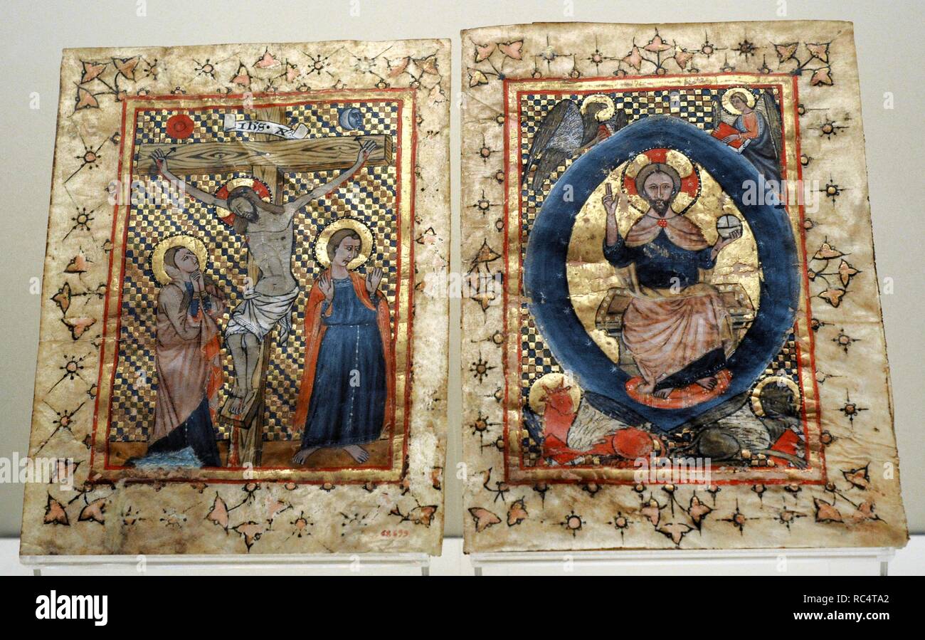 Anonimo. Crocifissione e Cristo in maestà, secondo trimestre del XIV secolo. Pergamena. Gotico. Da un manoscritto sconosciuto. Museo d'Arte Nazionale della Catalogna. Barcellona. La Catalogna. Spagna. Foto Stock