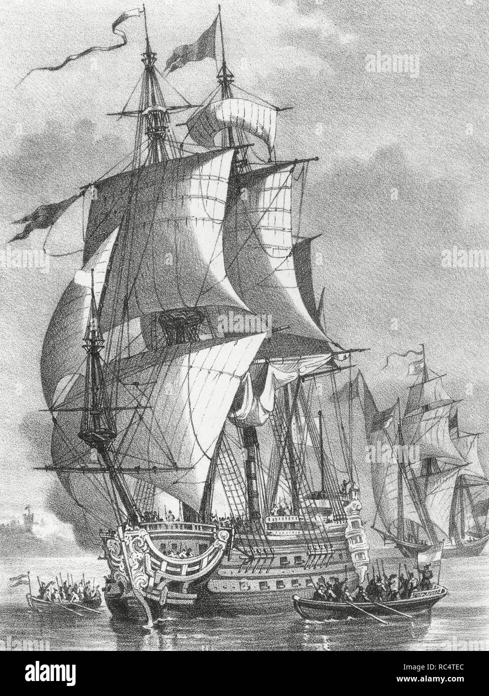 Guerra dei trent'anni. La battaglia di Le rins isole, 1637, tra lo spagnolo monarchia Cattolica e il Regno di Francia. Era un combinato di navale e terrestre e operazioni. La guarnigione spagnola è stata ridotta e i francesi hanno attaccato con tutte le loro forze e riconquistò le isole nella potenza delle truppe spagnole. Navy. Incisione. Foto Stock