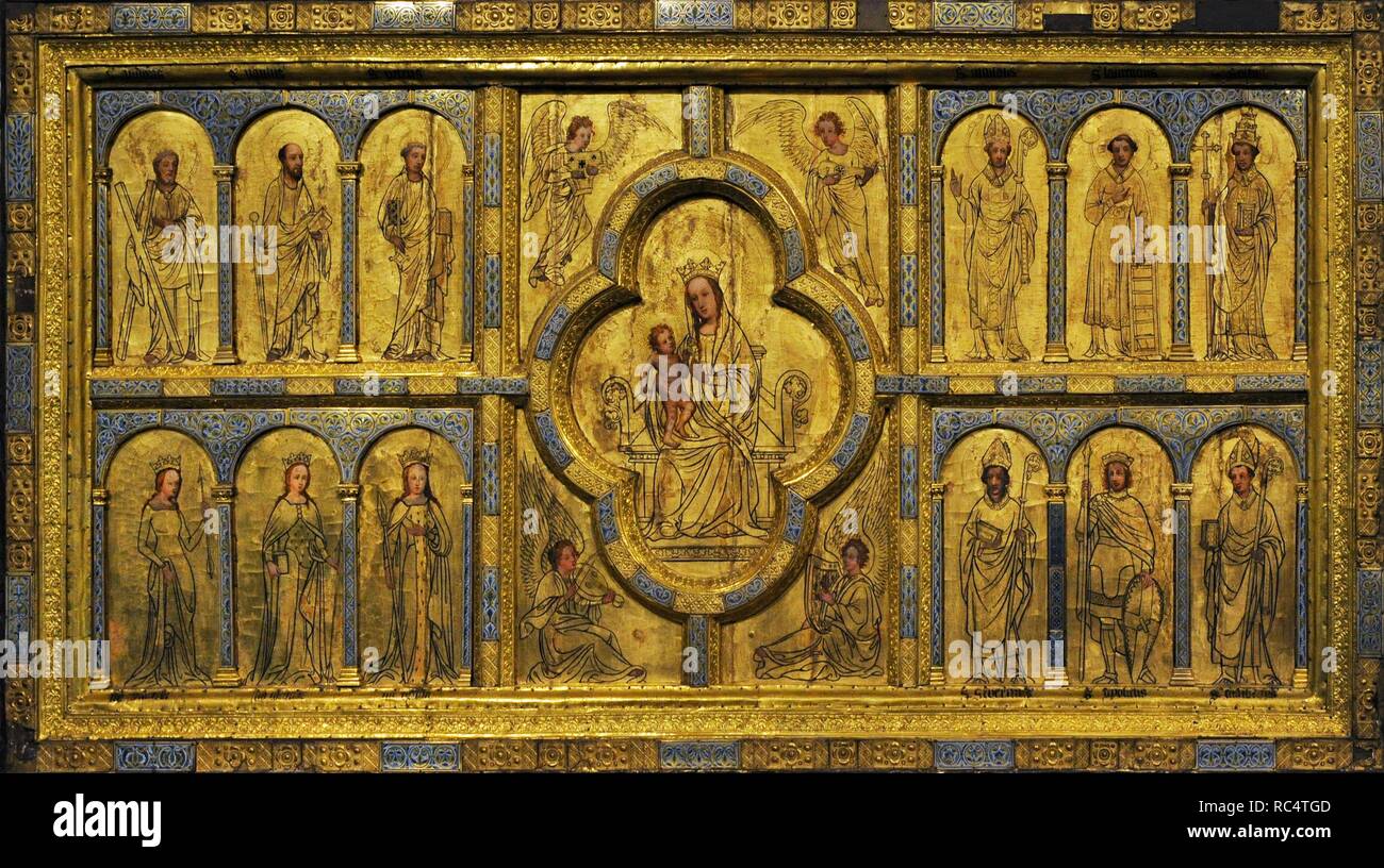 Pannello d'oro da st. Ursula. Colonia, c. 1170. Pittura: il XV secolo e il 1844. Rovere, rame dorato, bronzo in ghisa, con smalto, stucchi e vernici opache. Museo Schnu ditgen. Colonia, Germania. Foto Stock