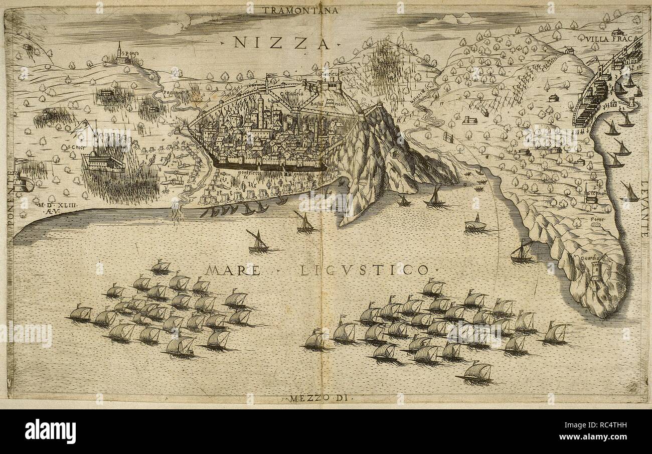 Italiano di guerra del 1542-46. Francesco I di Francia e Solimano I dell'Impero ottomano contro il Sacro Romano Imperatore Carlo V e Enrico VIII d'Inghilterra. Assedio di Nizza da parte di una flotta Franco-Ottoman nel 1543. In quel momento, a Nizza è stato sotto il controllo di Carlo III, alleato di Carlo V. un combinato di forza Franco-Ottoman catturato la città. Disegno di Toselli dopo una incisione da Enea Vico. Foto Stock