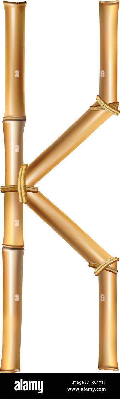 Vettore alfabeto di bambù. Lettera maiuscola K fatta di realistico Brown dry poli di bambù isolati su sfondo bianco. Concetto di Abc per creare parole, testo Illustrazione Vettoriale