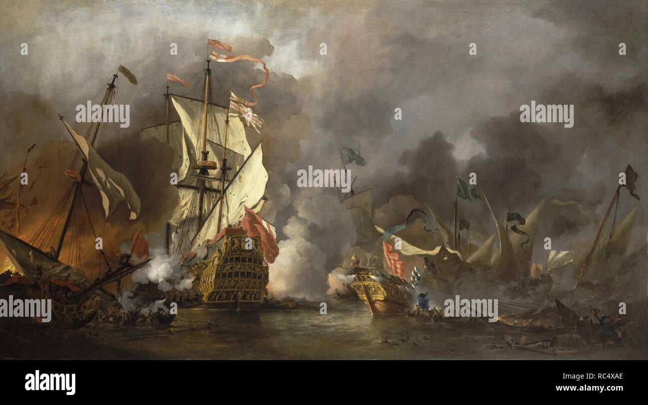 Una nave inglese in azione con i Barbari. Museo: Collezione privata. Autore: Willem van de Velde il giovane. Foto Stock