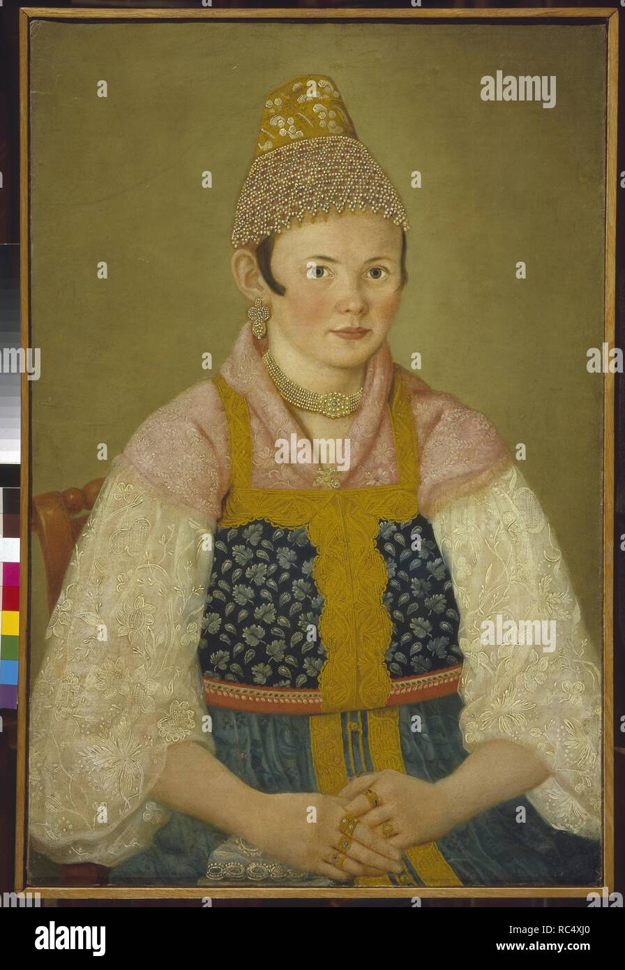 Ritratto di una donna mercantili in Kokoshnik 'Kabluchok'. Museo: Membro del Museo di Storia di Mosca. Autore: anonimo. Foto Stock
