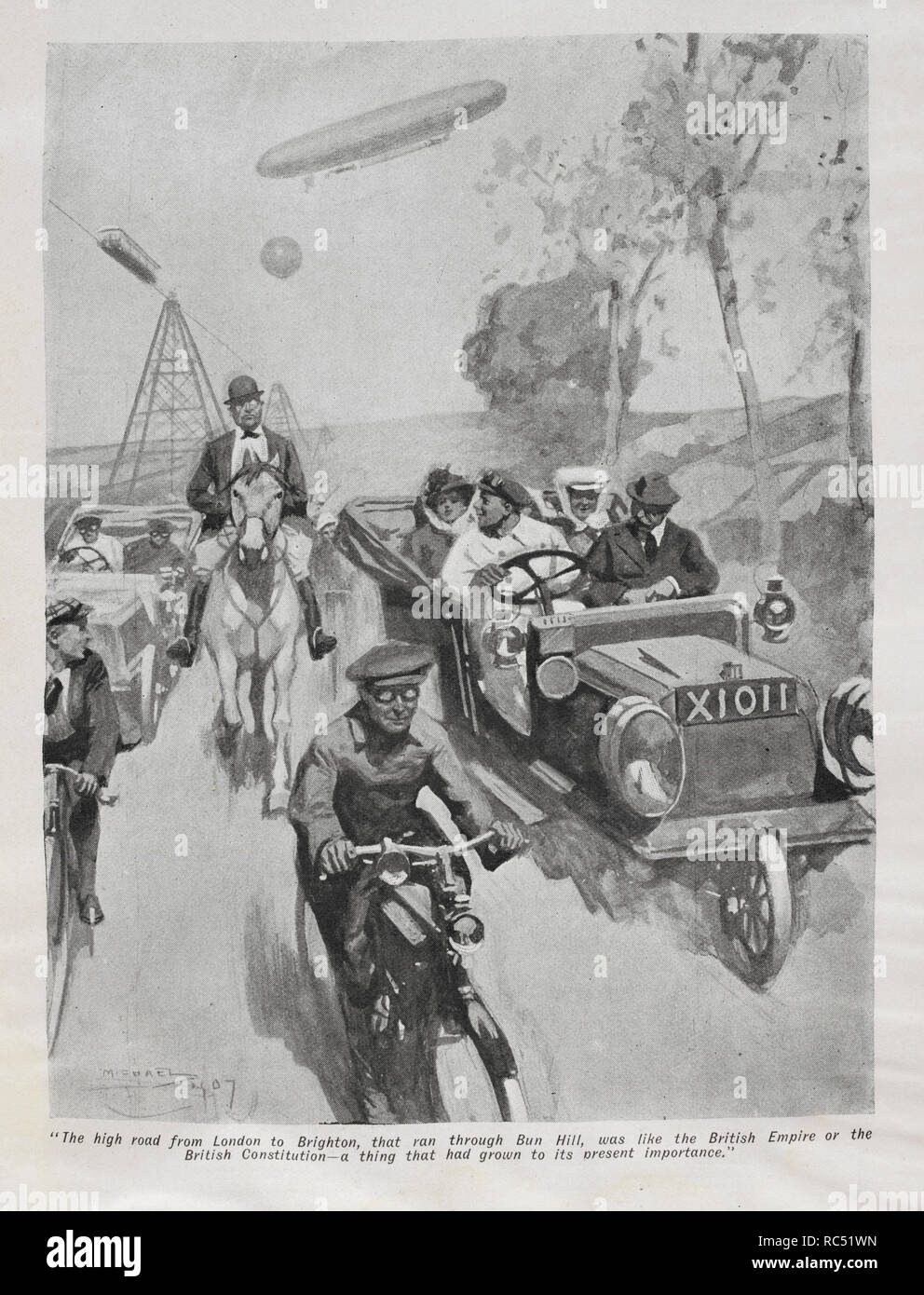 La strada maestra da Londra a Brighton ...". Un dirigibile flying overhead. Una monorotaia. Un immaginato vista del futuro. ', A partire da una serie di HG Wells, 'guerra nell'aria". Autore Herbert George Wells,. Museo: British Library. Foto Stock