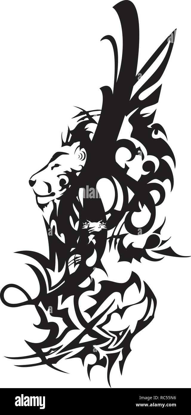 Tribal Lion e testa di drago simbolo con piume. Flaming nero doppio simbolo formato mediante la testa di un leone e la testa di aggressiva di un drago Illustrazione Vettoriale