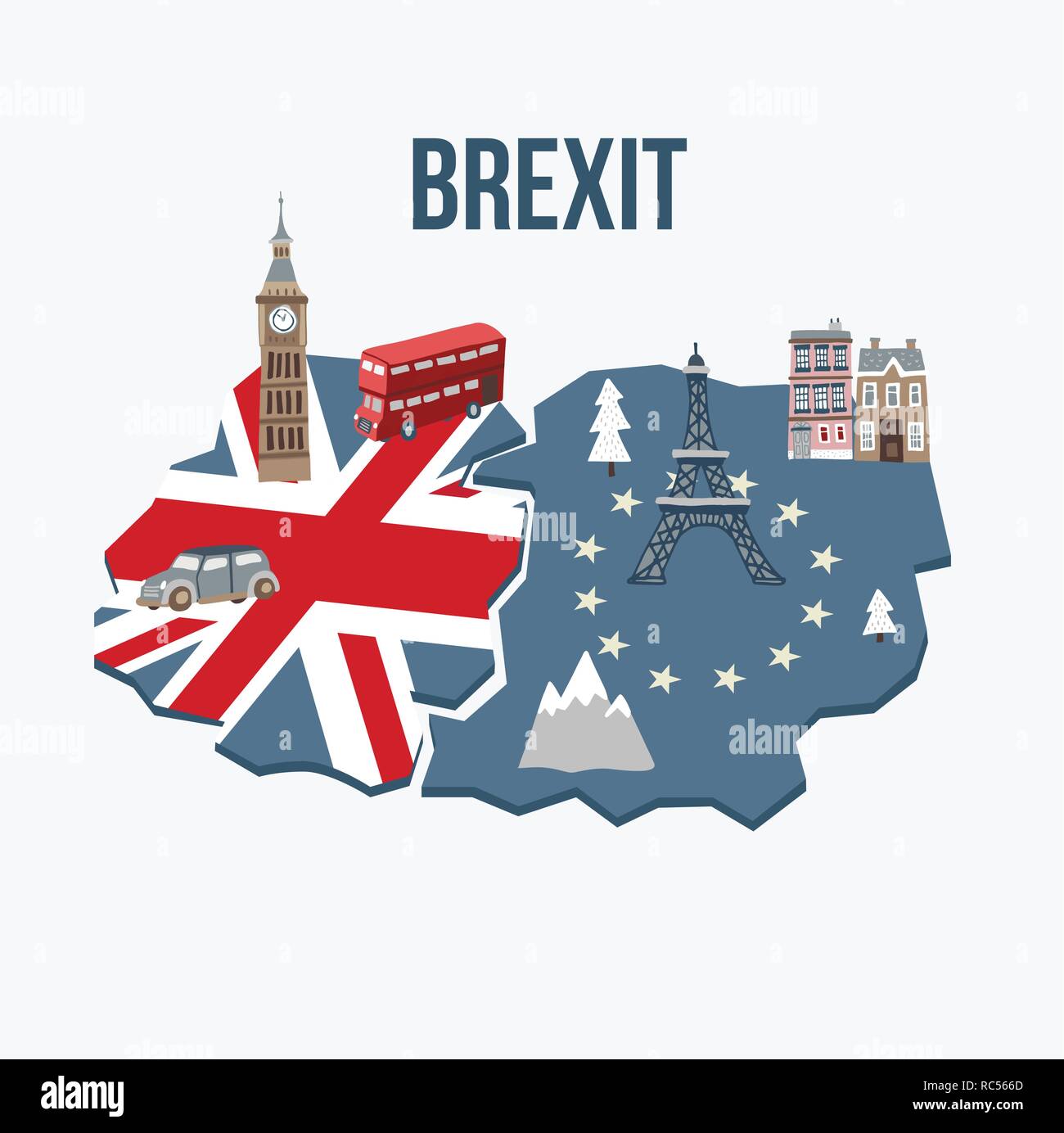Concetto Brexit. Bandiere del Regno Unito e Unione europea sulla mappa incrinato sfondo. Possibile fuoriuscita di Gran Bretagna da parte dell'UE. Simboli di Londra e l'Europa continentale. Illustrazione Vettoriale. Illustrazione Vettoriale