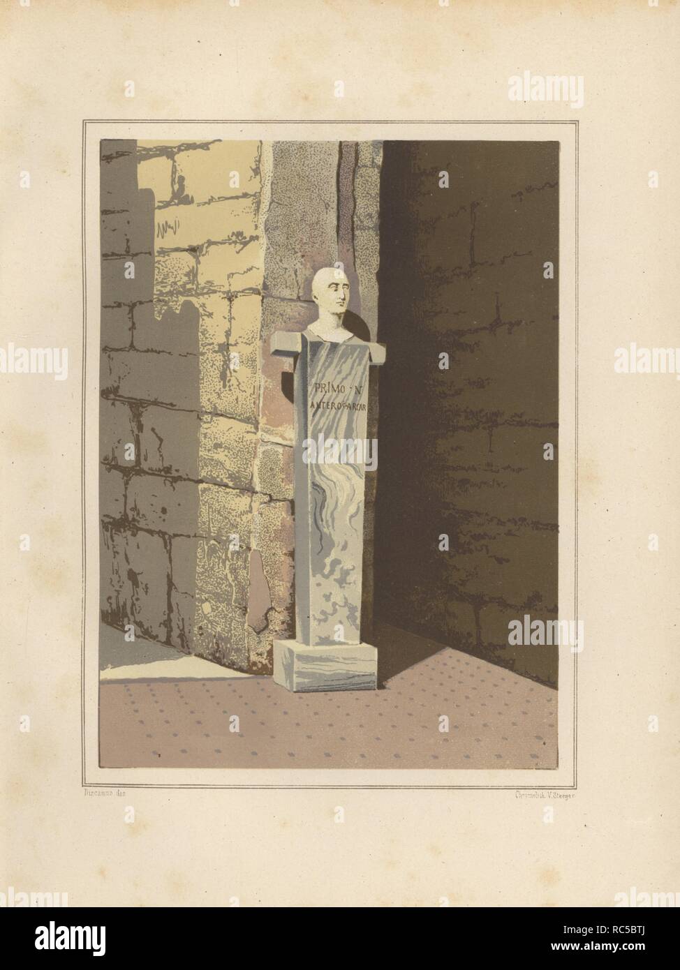Busto in marmo del proprietario della casa di Vesonius Primus, una più piena. Illustrazione disegnata da Discanno e litografato da Victor Steeger da Emil Presuhn 'Pompei. Die Neuesten Ausgrabungen von 1874-1881,' Weigel, Lipsia, 1882. Archeologo tedesco Presuhn (1844-1881) visse in Italia per otto anni e, con il Sig. Discanno e Miss Amy Butts, fatte copie esatte di molti dipinti sulle pareti che sono ormai perso. Foto Stock