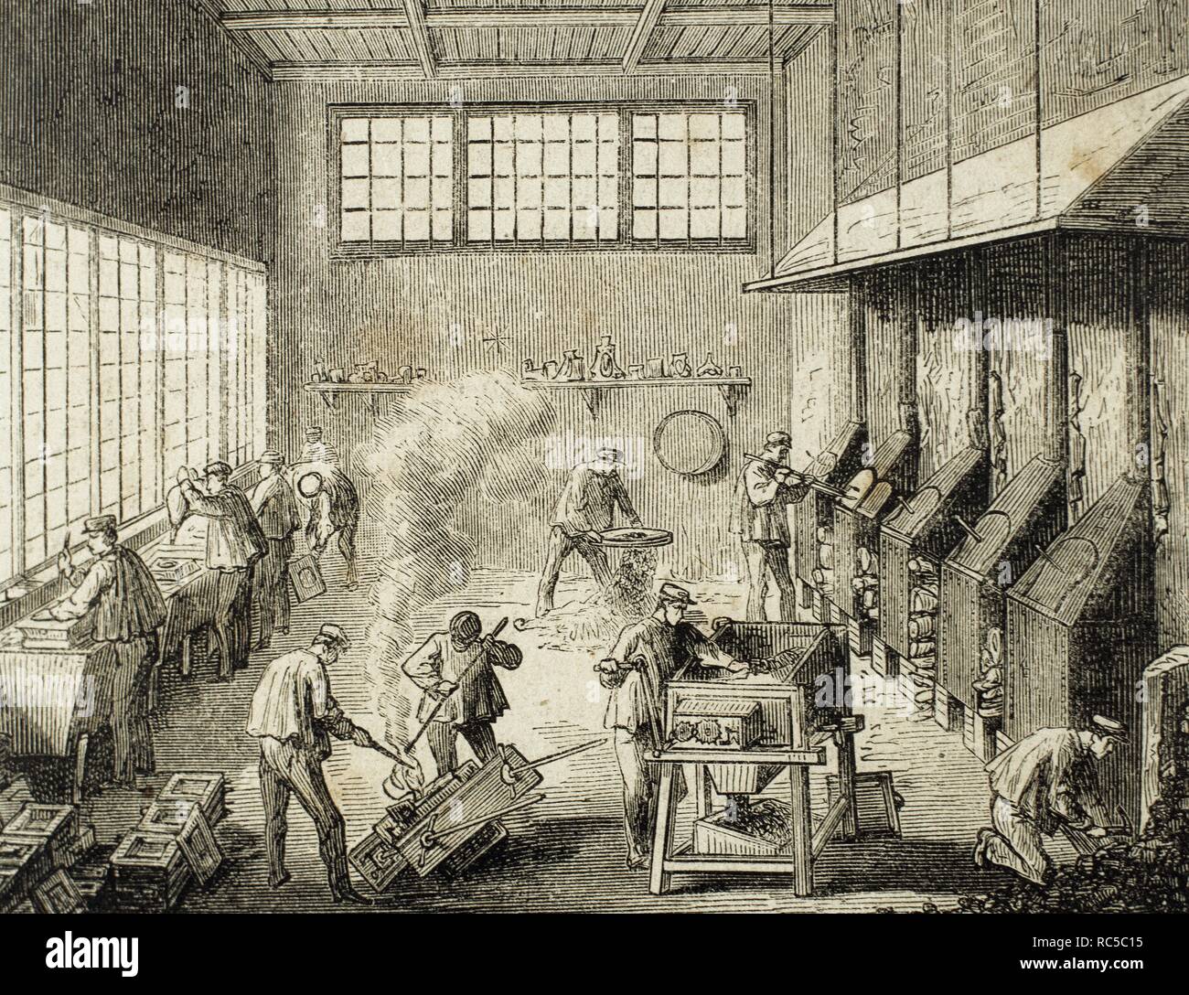Spagna. Colata di metallo fabbrica fondata da Leoncio Meneses, denominato 'Silver Meneses'. Lavoratori che lavorano sulla camera di colata. Incisione di Urrabieta in 'La Ilustracio n Espan ola y Americana ", 1872. Foto Stock