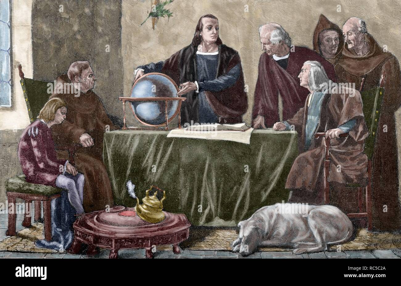 Cristoforo Colombo (1451-1506). Navigatore genovese. Columbus presso il convento di La Rabida. Incisione dopo la pittura da Felipe Manso in spagnolo e illustrazione americana, 1892. Colorati. Foto Stock