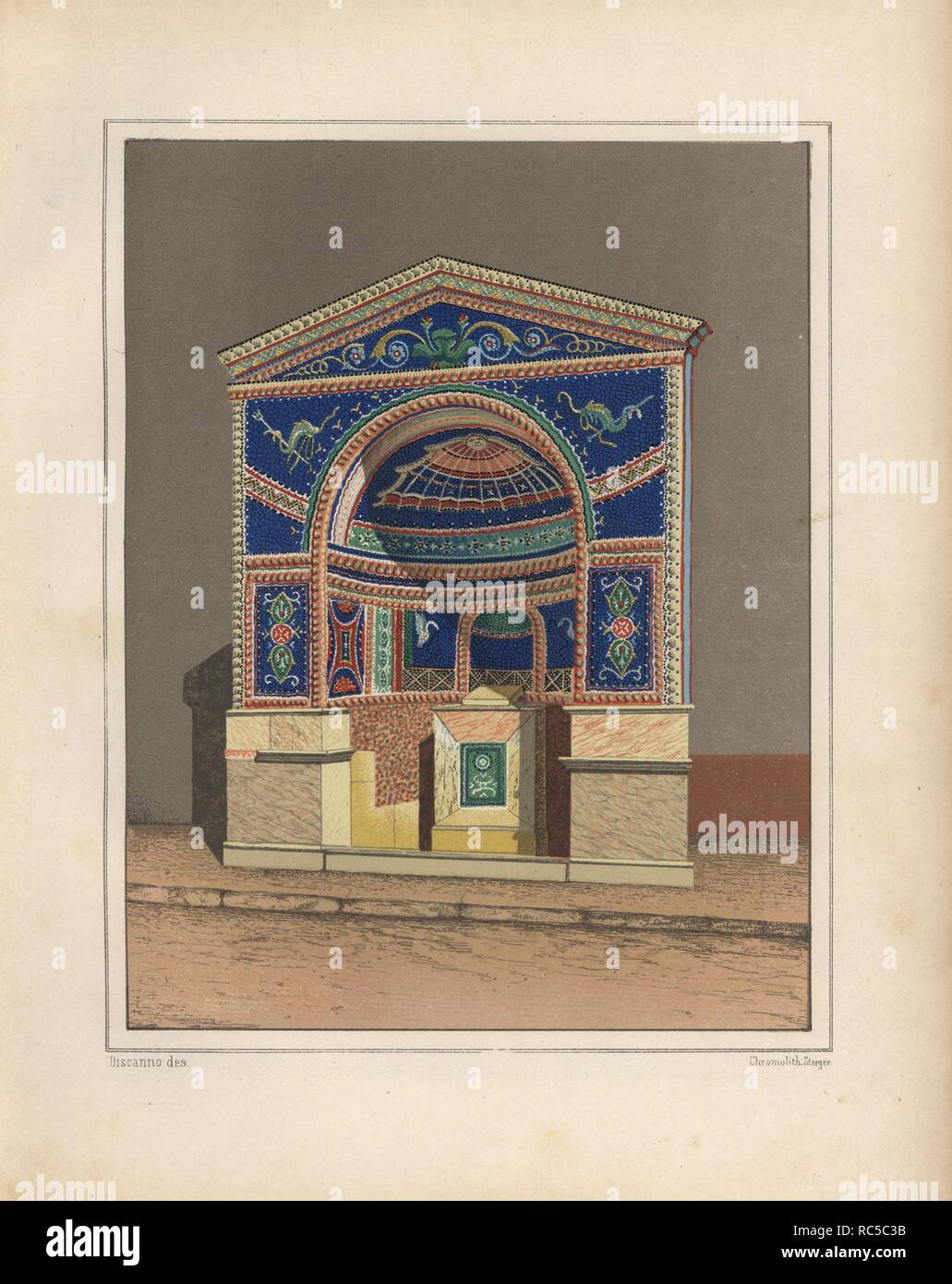 Mosaico ben dalla casa degli scienziati (Casa degli scienziati) al Regio VI, Insula XIV, 43. Illustrazione disegnata da Discanno e litografato da Victor Steeger da Emil Presuhn 'Pompei. Die Neuesten Ausgrabungen von 1874-1881,' Weigel, Lipsia, 1882. Archeologo tedesco Presuhn (1844-1881) visse in Italia per otto anni e, con il Sig. Discanno e Miss Amy Butts, fatte copie esatte di molti dipinti sulle pareti che sono ormai perso. Foto Stock