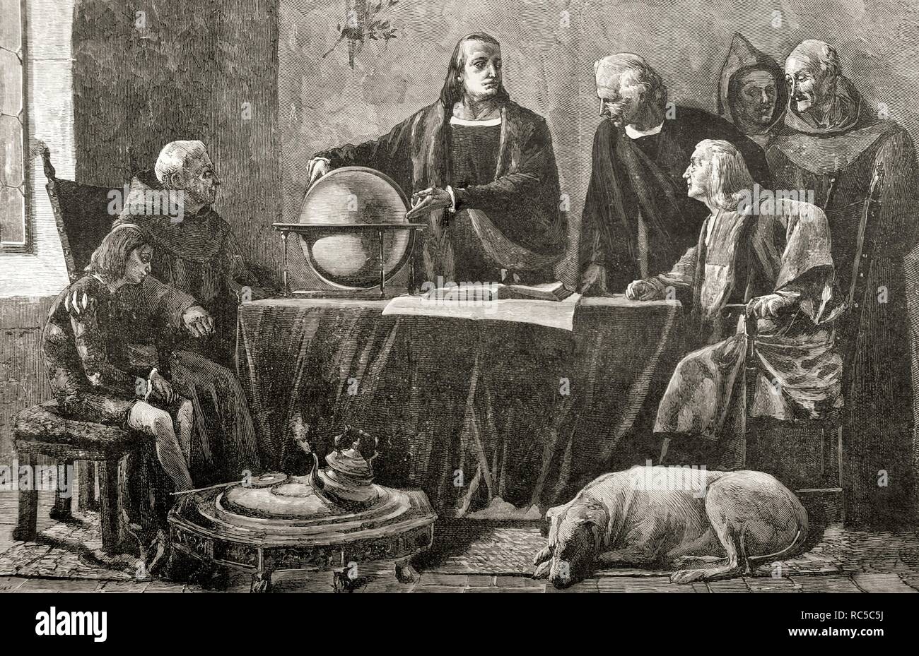 Cristoforo Colombo (1451-1506). Navigatore genovese. Columbus presso il convento di La Rabida. Incisione dopo la pittura da Felipe Manso in spagnolo e illustrazione americana, 1892. Foto Stock
