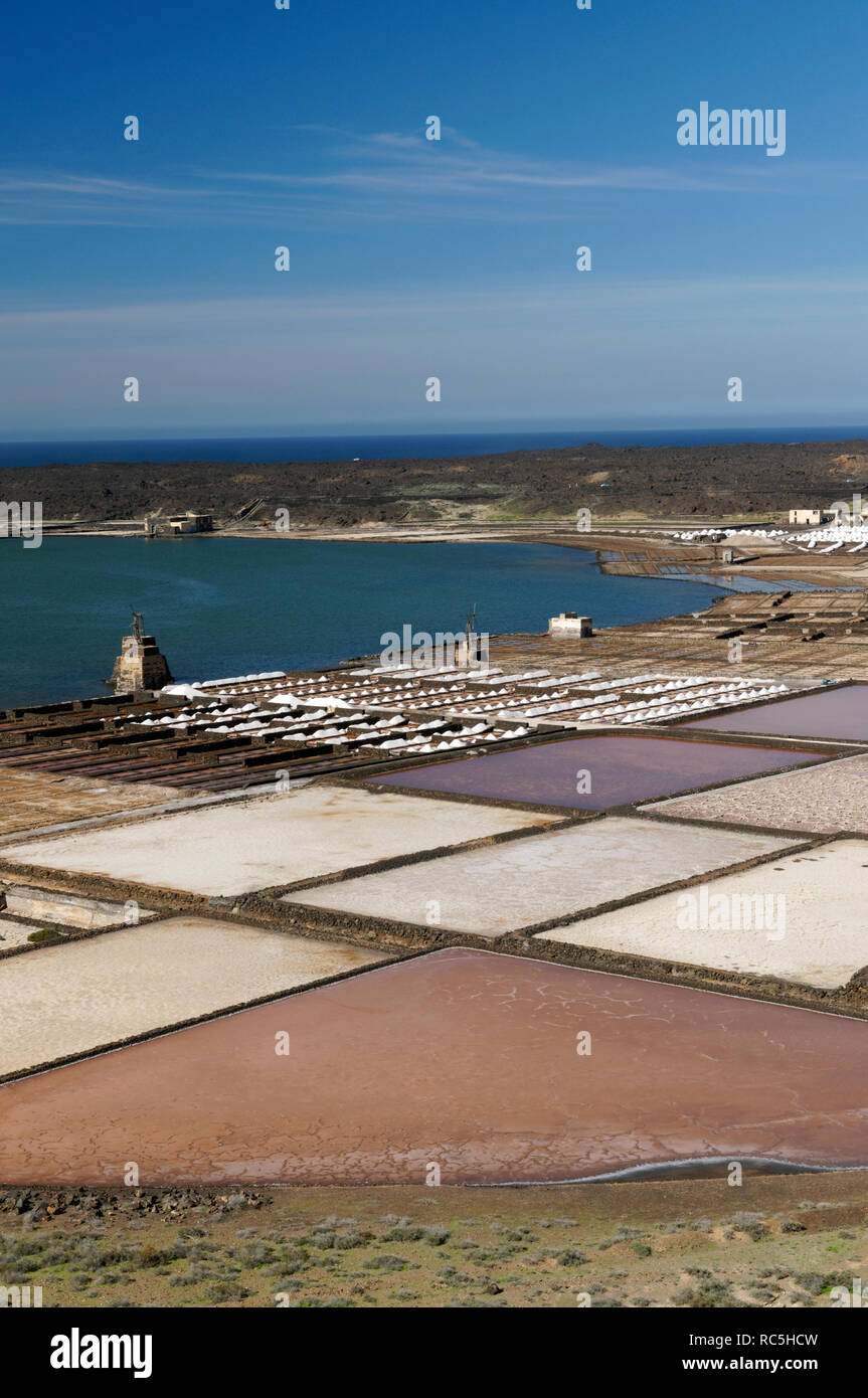 Salinas del Janubio, sale appartamenti vicino a Playa Blanca, Lanzarote, Isole Canarie, Spagna. Foto Stock