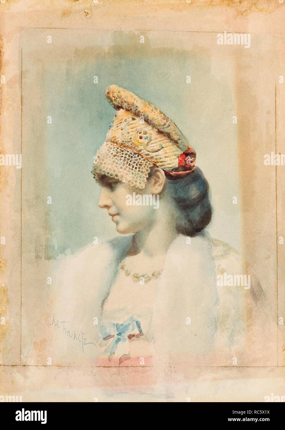 Ritratto di una ragazza che indossa un Kokoshnik. Museo: Collezione privata. Autore: Bakst, Leon. Foto Stock