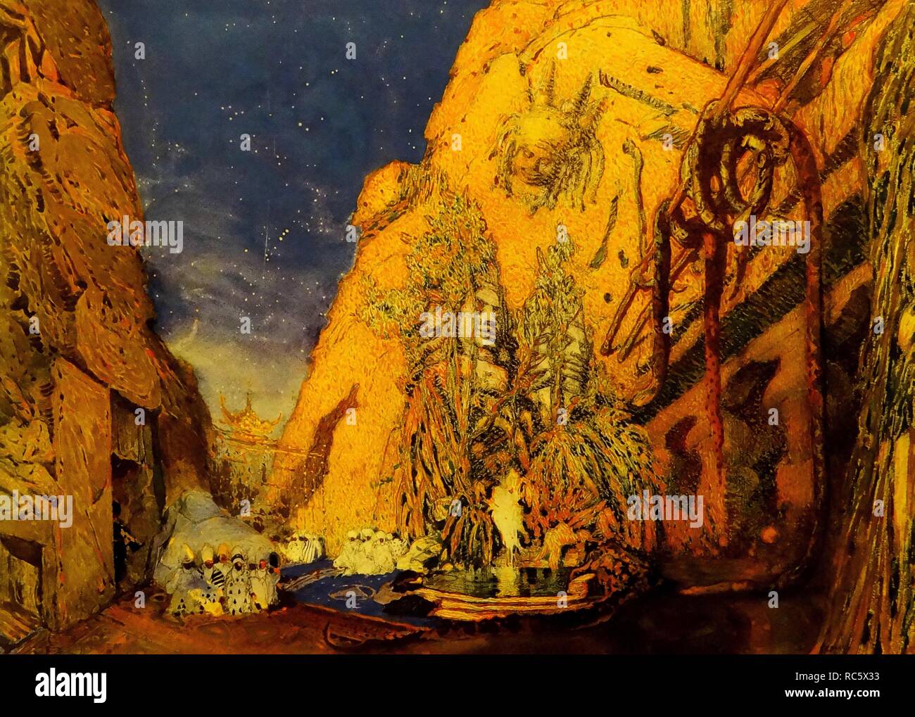 Scenografia per il balletto "Blu dio" da R. Hahn. Museo: Collezione privata. Autore: Bakst, Leon. Foto Stock