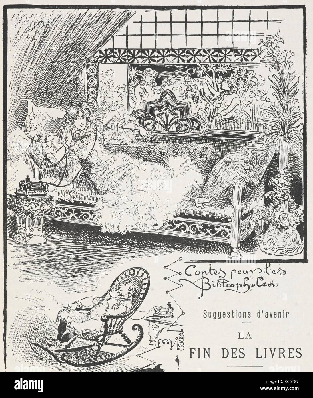 Una donna ascoltando una registrazione audio di un libro. Un avveniristico vista sul tema della fine di libri. . 'La Fin de livres' nel contes pour les bibliophiles ... Nombreuses illustrazioni, ecc. Parigi, 1895. Fonte: 12513.m.22 pagina 125. Autore: ROBIDA ALBERT. UZANNE, ottava. Foto Stock