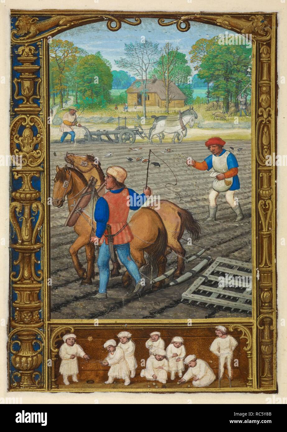 La scena del calendario per il mese di settembre: aratura, semina e straziante. (Seguito): giocare con marmi e palafitte. Il libro di Golf. S. Paesi Bassi (Bruges), 1520-1530. Fonte: Aggiungi. 24098, f.26v. Autore: Workshop di Simon Bening. Foto Stock