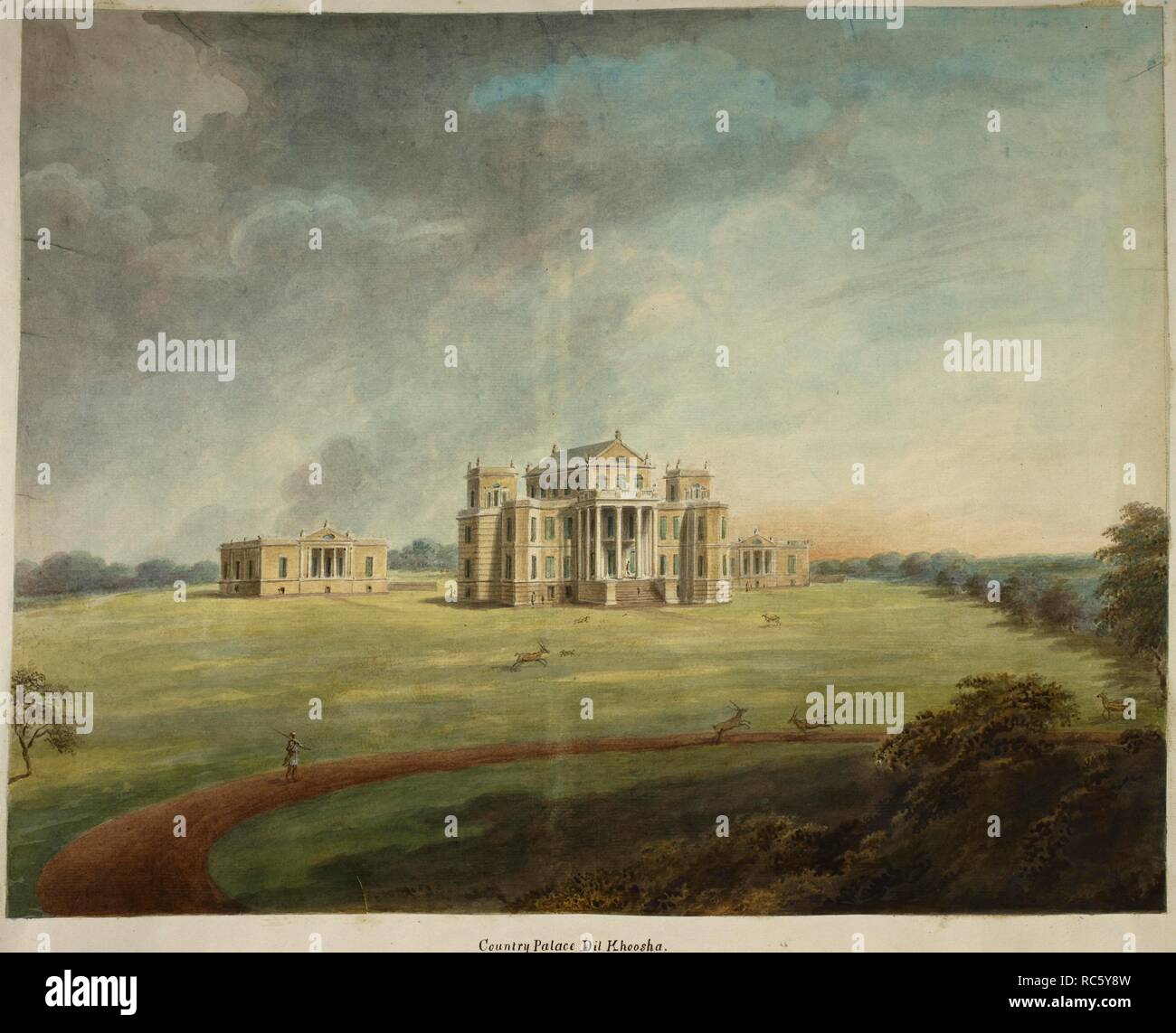 Questo dipinto mostra una vista del Nawab Visir's Country Retreat at Dilkusha, Lucknow impostato entro un parco dei cervi. È inscritto al di sotto di " paese Palace a Khoosha Dil'. 1814-1815. Acquerello. Fonte: Add.o.4763. Autore: SITA RAM. Foto Stock