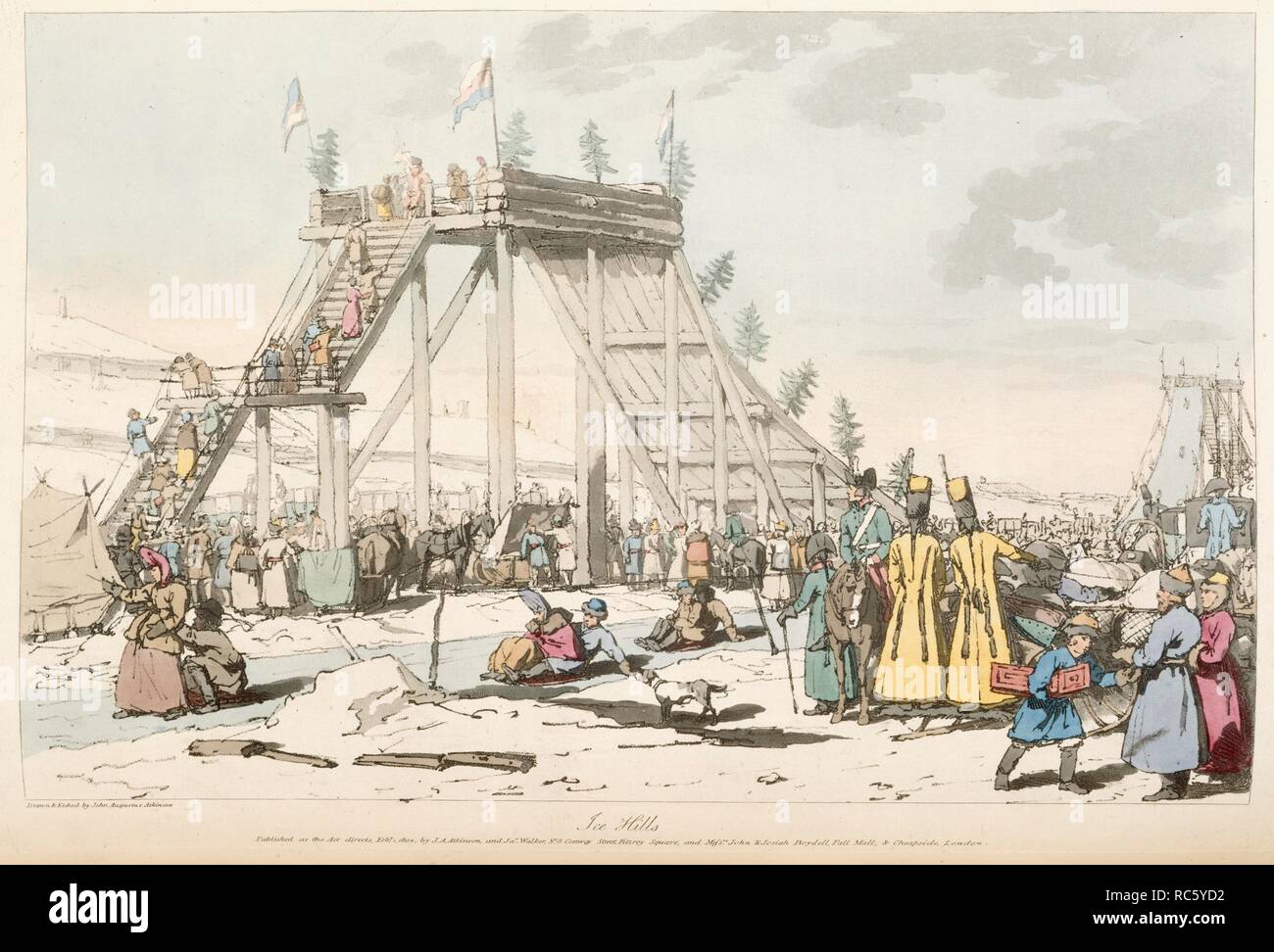 La collina di ghiaccio. Una rappresentazione pittoresca delle maniere, Custo. James Carpenter & Giuseppe Booker: Londra, 1812. Una grande slitta, per l'intrattenimento. Immagine presa da una rappresentazione pittoresca delle maniere, dogane, e divertimenti dei russi in un centinaio di lastre colorate; con una accurata spiegazione di ciascuna piastra, in francese e in inglese. Originariamente pubblicato/prodotto in James Carpenter & Giuseppe Booker: Londra, 1812 . Fonte: 150.k.17. Autore: Atkinson, J. A.Atkinson J. A. Walker, J. Foto Stock