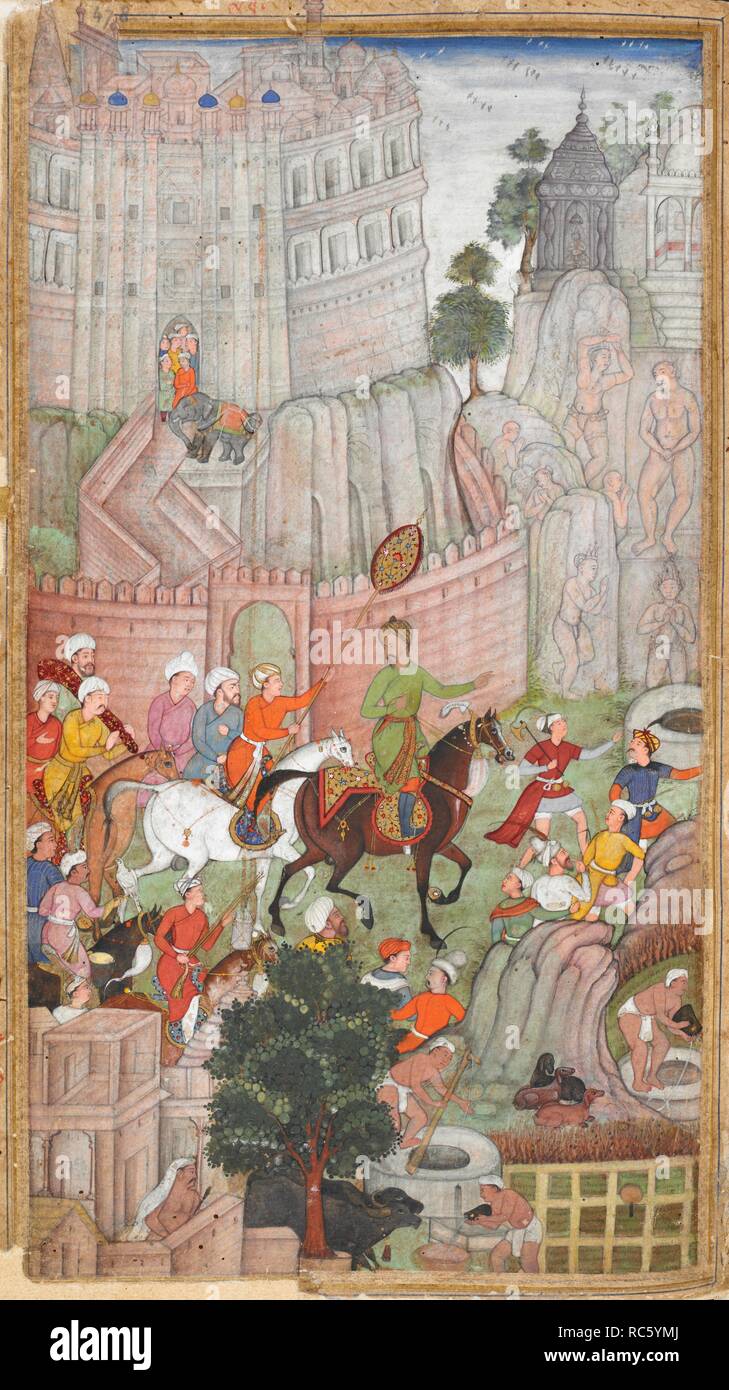 Babur visitando la Valle Urvah in Gwalior dove statue era stato tagliato fuori delle rocce (1528) (Dhanraj). Vaki"a-i Baburi, le memorie di Babur, tradotto dall'originale Turki da Mirza 'Abd al-Rahim Khan-ho khanan. E un centinaio di quaranta tre miniature (principalmente con attribuzioni). c.1590. Acquerello opaco. Stile Mughal;/Mughal Akbar stile. Fonte: o. 3714, vol.4 f.478. Foto Stock