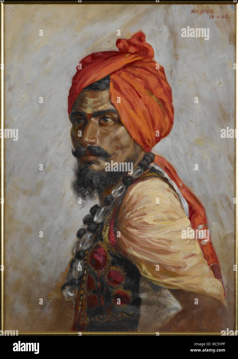 La testa dalla vita€™. Un turbanned mezza lunghezza figura. Uno dei 3 dipinti ad olio presentato al Sir Frederick Sykes, governatore di Bombay 1928-33, insieme con 12 acquerelli di studenti e personale della Bombay Scuola dell'arte Tutti hanno digitato etichette con il titolo e il nome dell'artista, seguita da â€˜Bombay School of Artâ€™. . 1932. Olio su tela, 75 da 53cm. Fonte: Foster 860. Autore: Joshi, Manohara. S. Foto Stock