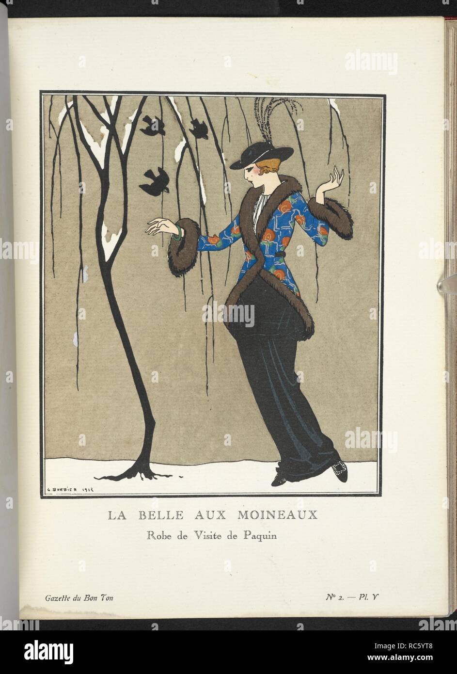 "La Belle aux Moineaux - Robe de visita de Paquin." La robe de visita de Paquin est en drap de soie noir. La jaquette en nattÃ© de soie jaspÃ© de mÃ©Tai et rebrodÃ© de Roses dâ€™Ispaban est bordÃ©e de skungs. . Gazette du Bon Ton. Arte, modalità & frivoliteÌs. Lucien Vogel, directeur. [Con le piastre colorate.]. Parigi ; London, 1912, ecc. Fonte: P.P.5242.dd, vol.1, numero 2. Autore: BARBIER, George. Foto Stock