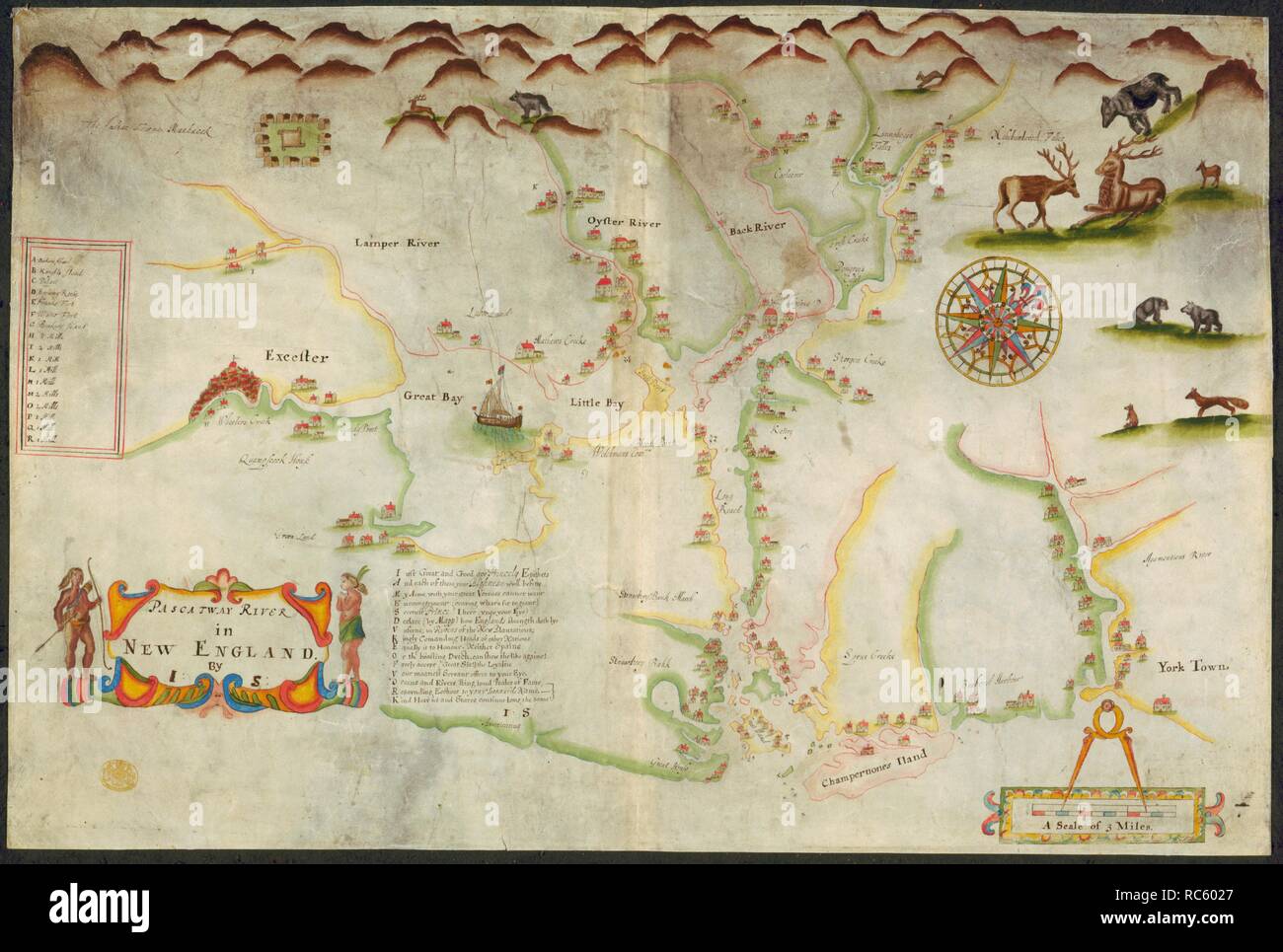 Fiume Pascatway. Una mappa colorata del Fiume Pascatway, nel New England,. ca. 1670-1680. Una mappa del Fiume Pascatway nel New England. Immagine presa da una mappa colorata del Fiume Pascatway, nel New England, di J.S.; disegnato su pergamena, su una scala di 1 pollici per un miglio eventualmente da John Scott ... Fonte: maps.K.Top.120.27,. Lingua: Inglese. Foto Stock
