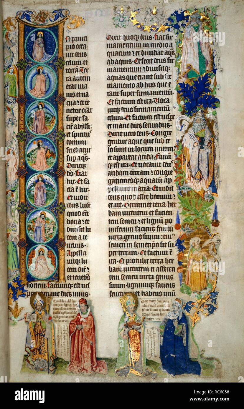 Apertura della Genesi. La bibbia. S. Paesi Bassi; xv secolo. [Intero folio] Libro della Genesi, inizio con iniziale 'I', sette roundels scene della creazione, inclusa la creazione del firmamento; terra e acque; il sole e la luna; animali; Adam; e Dio seduto, benedizione. Confini formata da sette figure immagini tratte dalla Bibbia. Originariamente pubblicato/prodotto in S. Paesi Bassi; xv secolo. . Fonte: Aggiungi. 15254, f.13. Lingue: Latina. Foto Stock