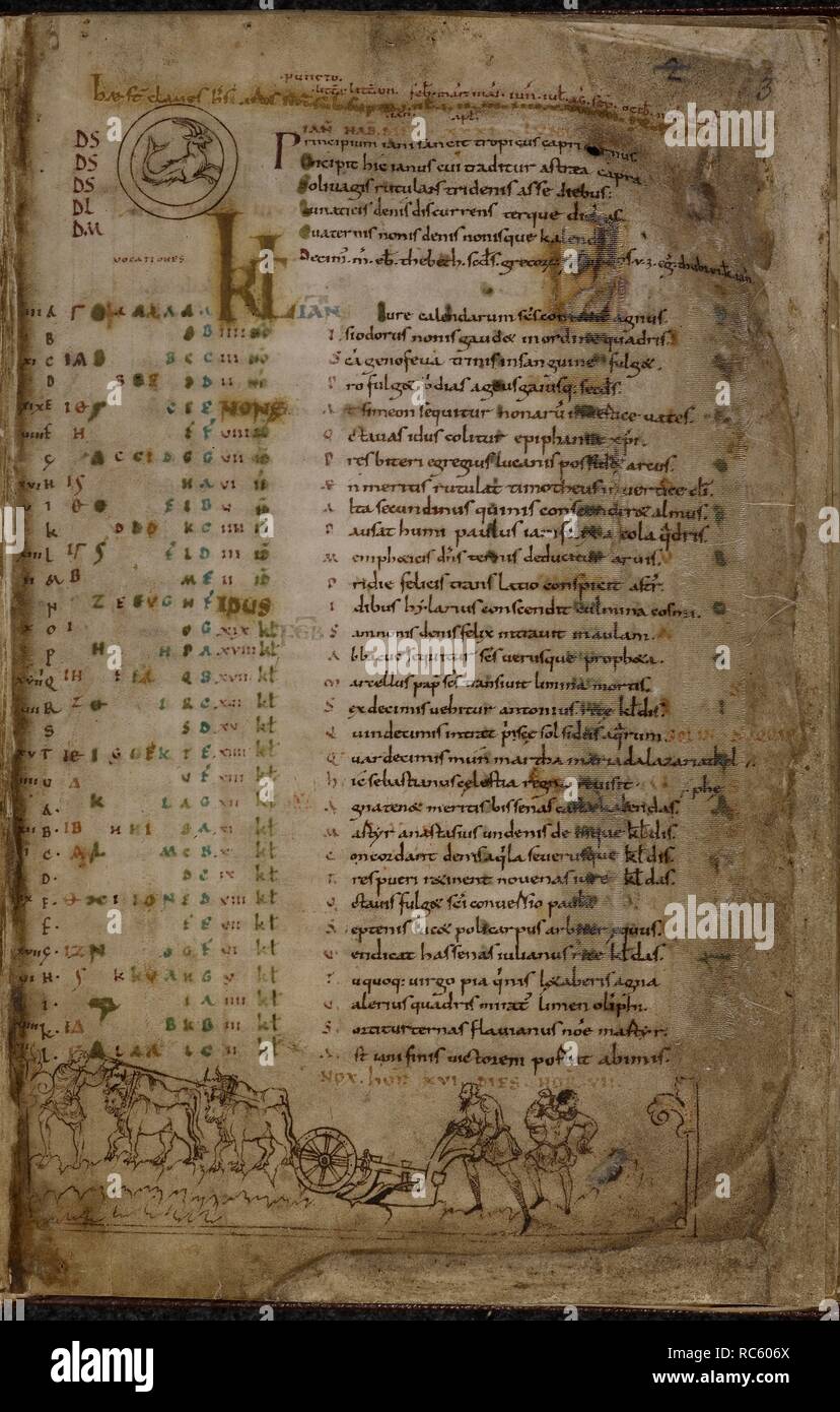 Pagina del calendario per il mese di gennaio: Tre uomini con un aratro. Il Julius Calendario e Hymnal. La Chiesa di Cristo Canterbury (?), inizio alla metà del XI secolo. Fonte: Cotone Julius A. VI, f.3. Lingue: Latina. Foto Stock