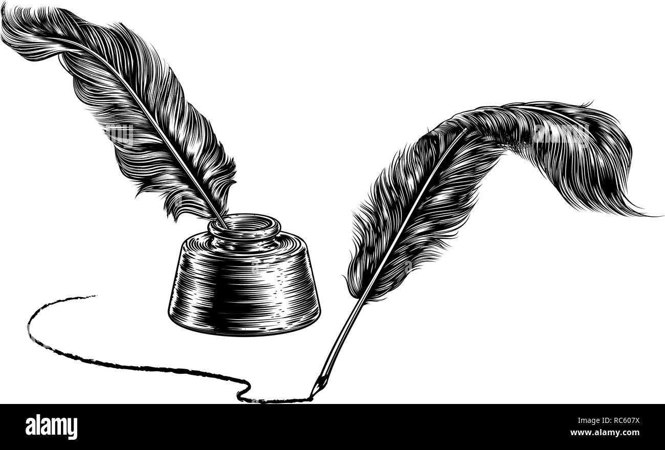 Due Quill di piume e penne Inkwell Illustrazione Vettoriale