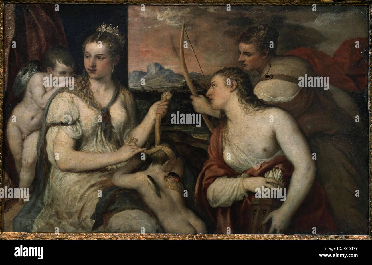 Venere Blindfolding Cupido. Museo: Galleria Borghese di Roma. Autore: Tiziano. Foto Stock