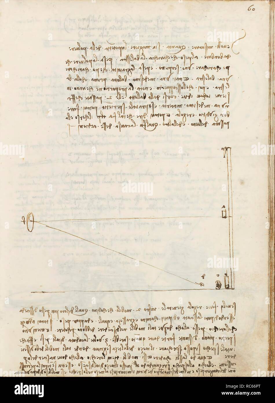 Folio f 60r. Codex Madrid I (Ms. 8937) " Trattato di statica e di meccanica', 192 folio con 384 pagine. Formato interno: 215 x 145 mm. Meccanica applicata (componenti). Principi della meccanica, CINEMATICS, DYNAMICS. Parlare di materiali. Museo: Biblioteca Nacional de España, Madrid. Autore: LEONARDO DA VINCI. Foto Stock