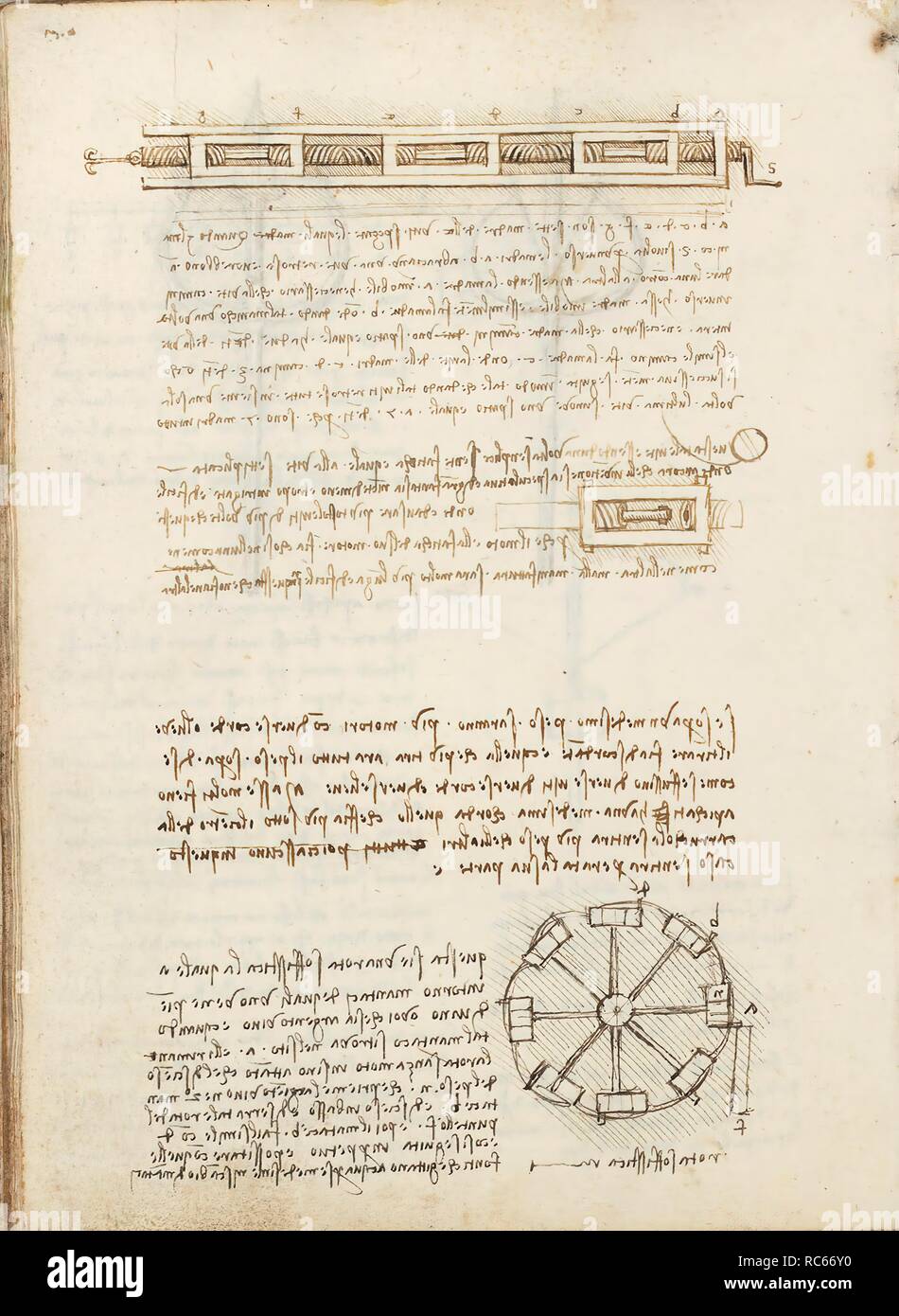 Folio f 57v. Codex Madrid I (Ms. 8937) " Trattato di statica e di meccanica', 192 folio con 384 pagine. Formato interno: 215 x 145 mm. Meccanica applicata (componenti). Parlare di materiali. Principi della meccanica, CINEMATICS, DYNAMICS. Museo: Biblioteca Nacional de España, Madrid. Autore: LEONARDO DA VINCI. Foto Stock