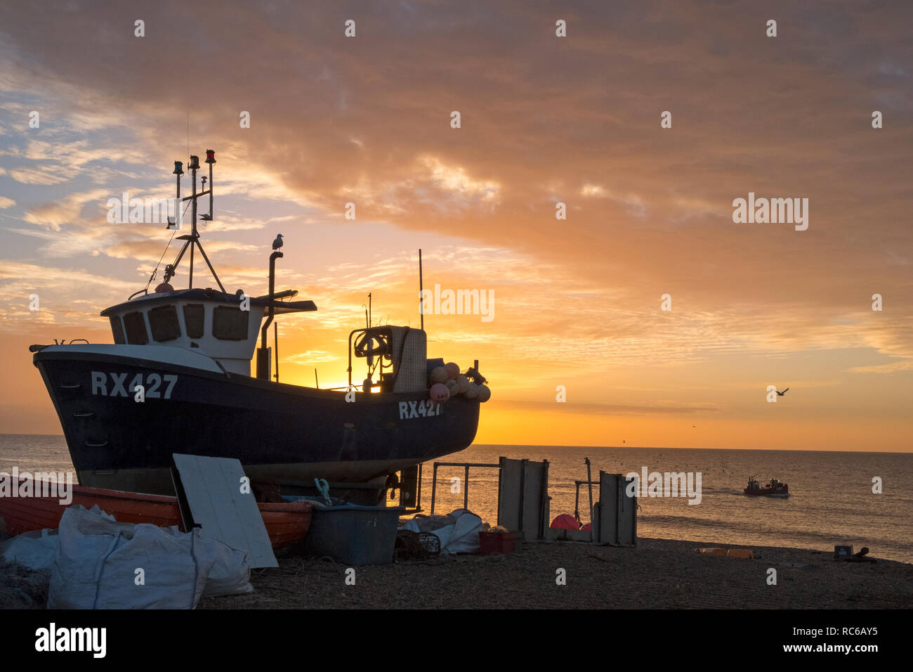 Hastings, Sussex orientale. 14th Jan, 2019. UK Weather: I pescatori portano la cattura notturna di pesce. Hastings ha la più grande flotta da pesca lanciata dalla spiaggia in Europa. Foto Stock