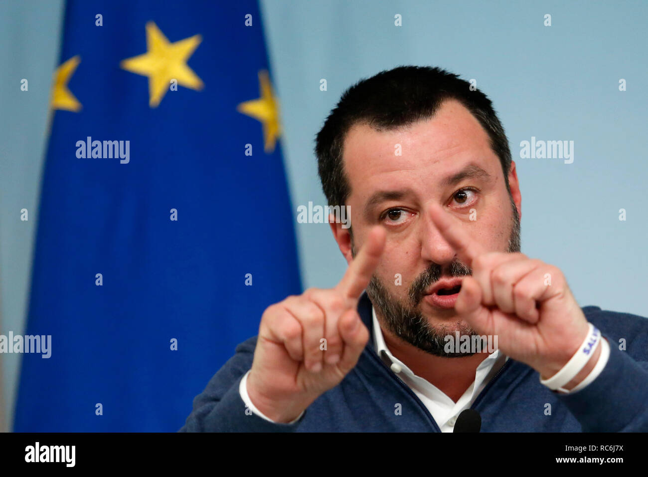 Roma, Italia. 14 gennaio, 2019. Matteo Salvini Roma 14 gennaio 2019. Conferenza stampa del ministro degli Affari Interni, del Premier e del Ministro della giustizia. Foto di Samantha Zucchi Insidefoto Credito: insidefoto srl/Alamy Live News Foto Stock