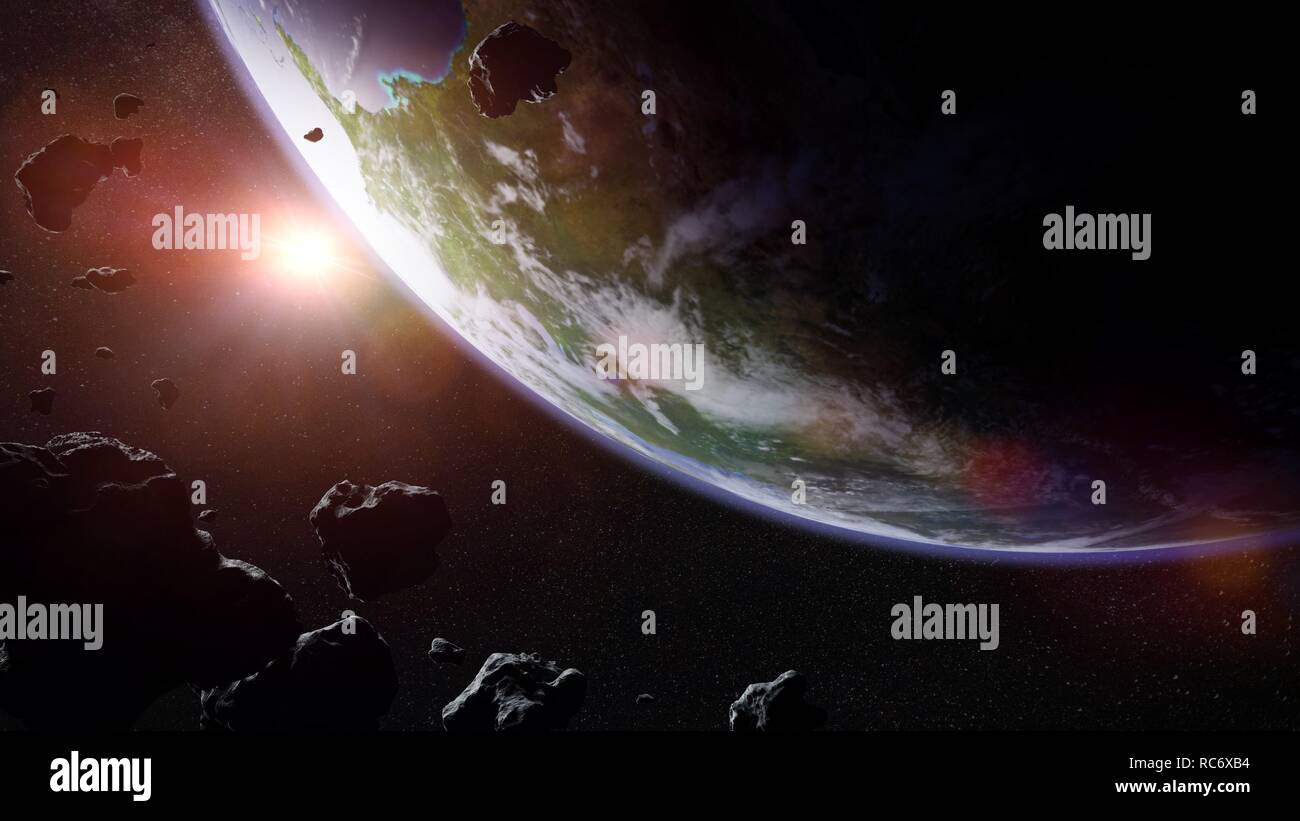 Uno sciame di asteroidi spostando verso il pianeta Terra Foto Stock