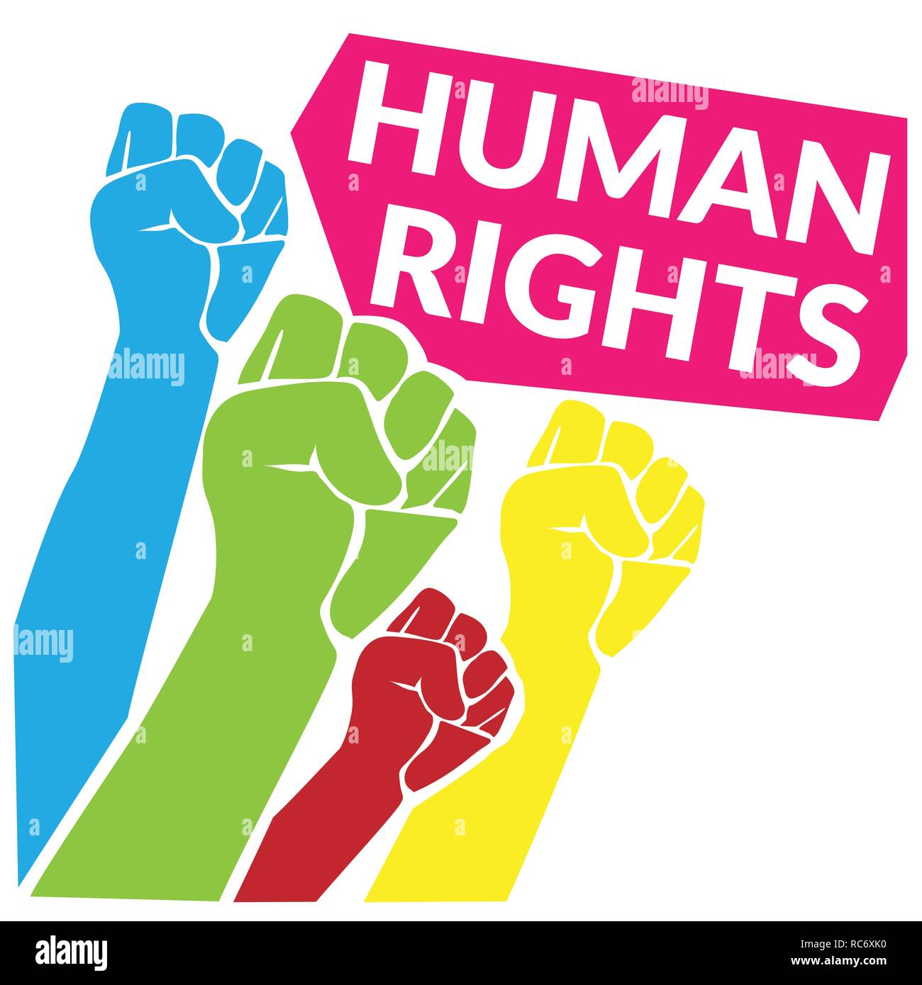 Diritti umani concetto. colorato di pugno umano mano sollevare fino al cielo con le citazioni tag diritti umani. illustrazione vettoriale Illustrazione Vettoriale