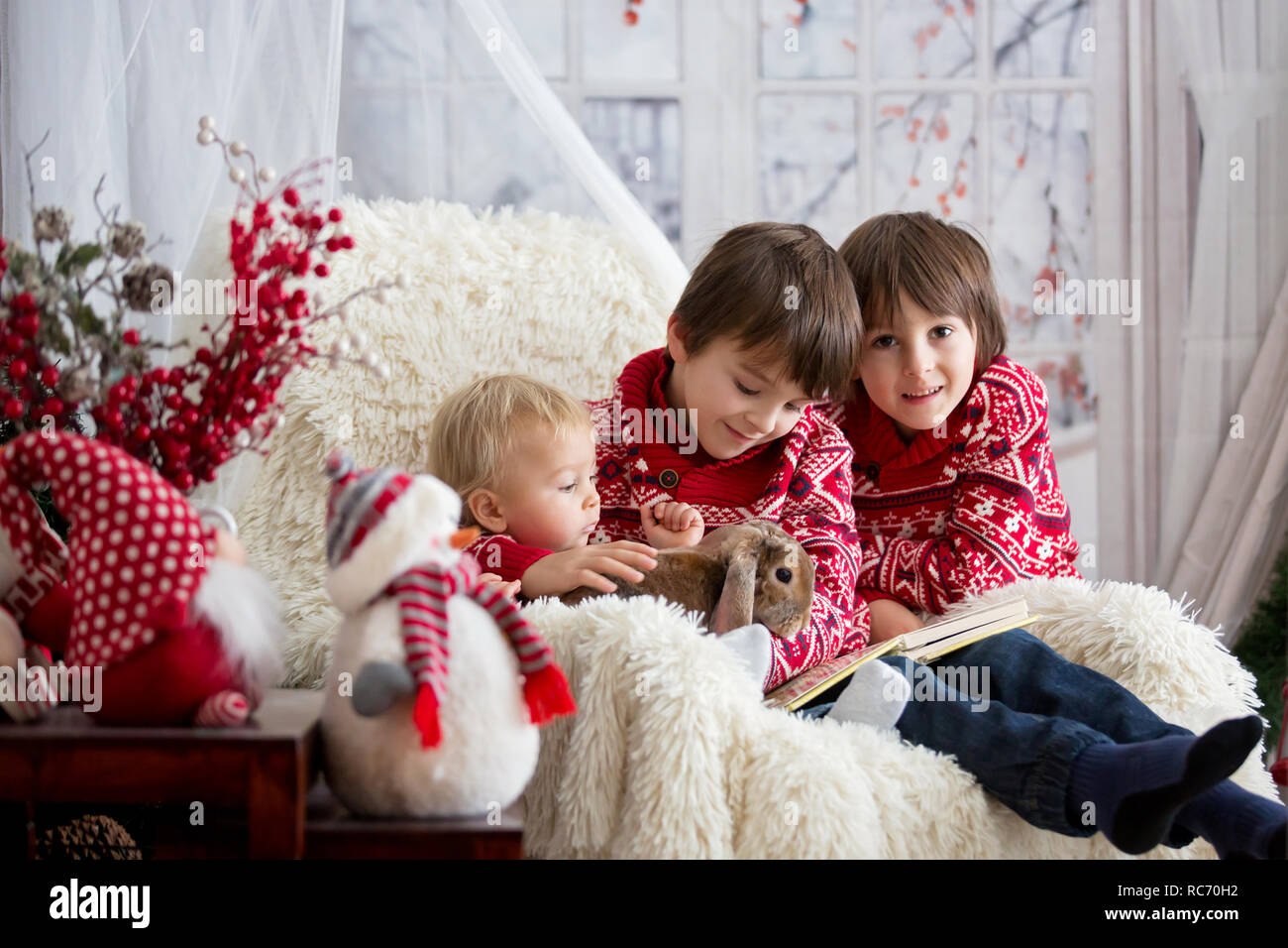 I bambini, ragazzo fratelli, e pet coniglio, lettura libro seduti in comode poltrone su un inverno nevoso giorno, inverno Foto Stock