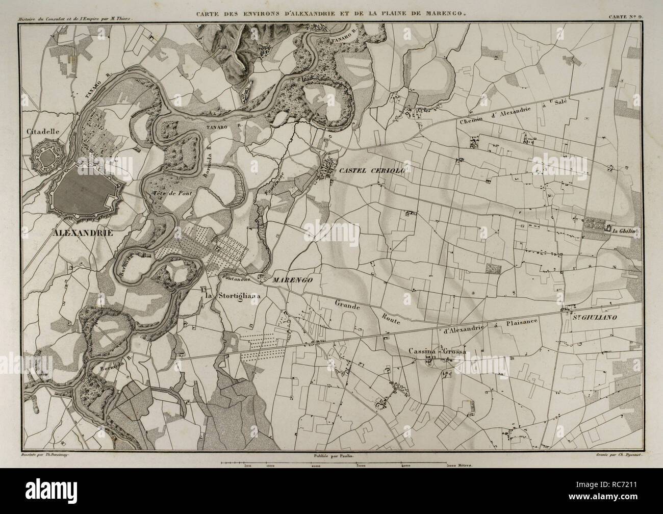Mappa dei dintorni di Alessandria della Paglia e la pianura di Marengo (Piemonte). In questa zona si è svolta la Battaglia di Marengo nel 1800, durante la guerra della seconda coalizione, tra francesi e le truppe austriache. Atlas de l'Histoire du Consulat et de l'impero. La storia del consolato e l Impero di Francia sotto Napoleone da Marie Joseph Louis Adolphe Thiers (1797-1877). Disegni di Dufour, incisioni da Dyonnet. Edito in Parigi, 1864. Foto Stock