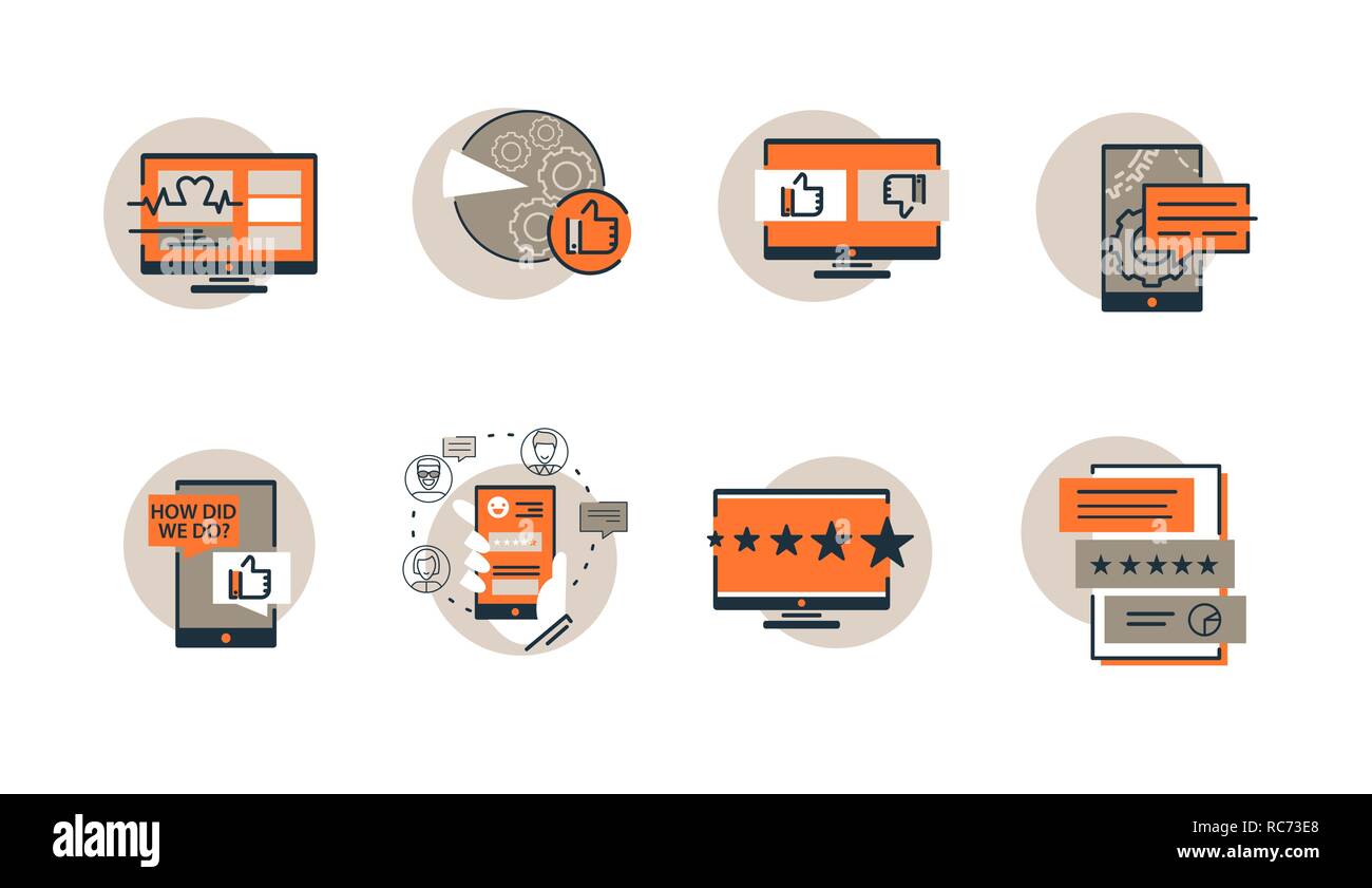 Set di vettore di SEO di targeting, prestazioni, monitoraggio delle icone. Ricerca e rivedere i risultati delle analisi delle icone. E commerce marketing e supporto di icone della cervice. Illustrazione Vettoriale
