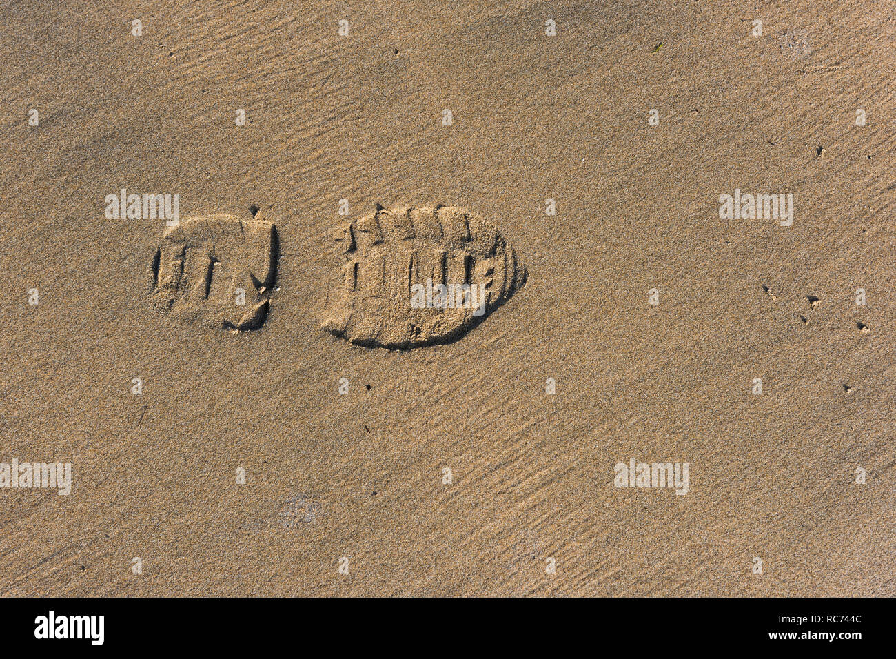 Un singolo shoeprint in sabbia bagnata su una spiaggia. Foto Stock