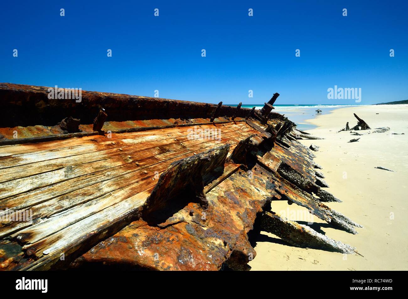 Il naufragio SS Maheno ruggine sulla spiaggia su Fraser Island, in Australia Foto Stock