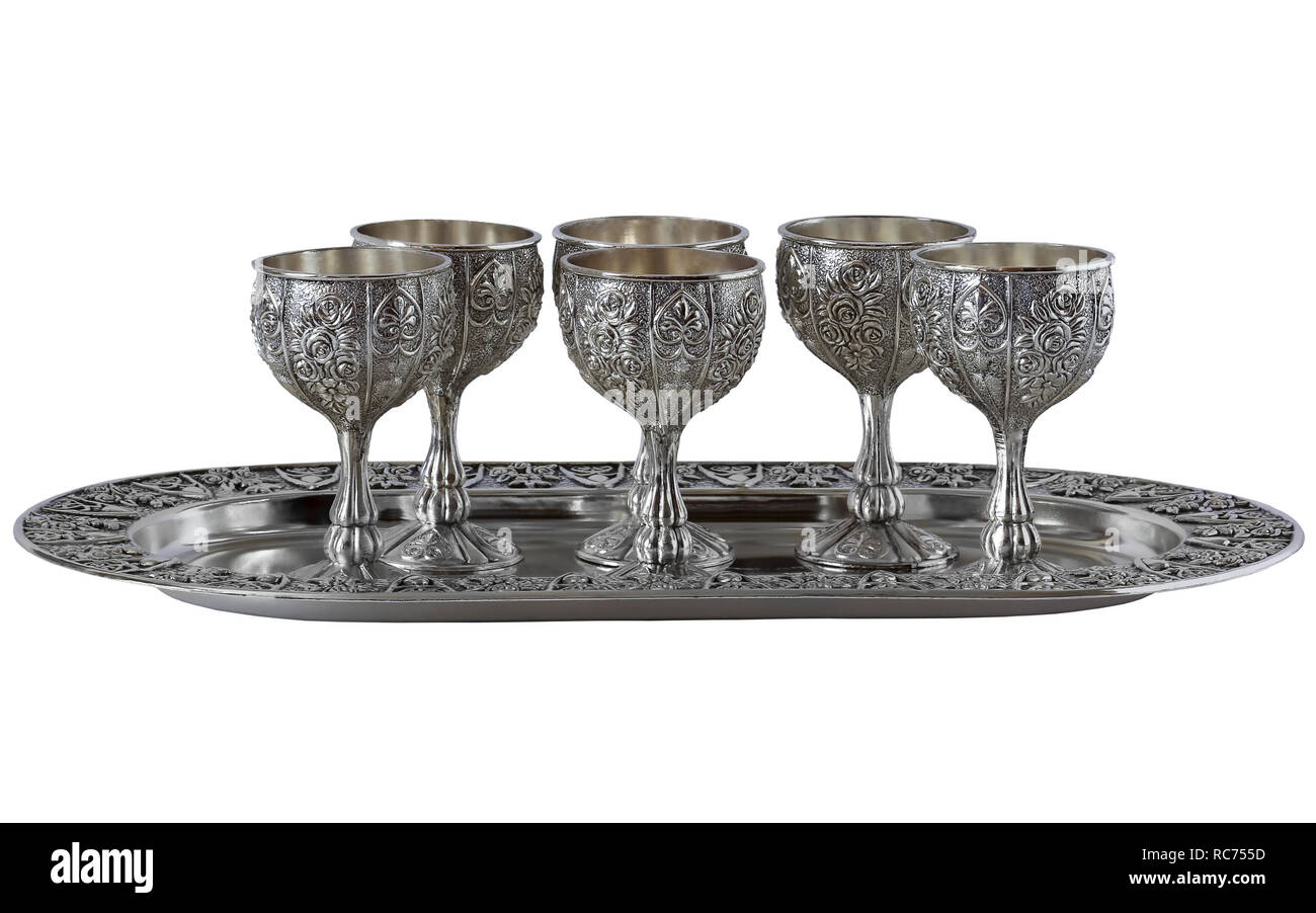 Nichel-argento bicchieri impostato su di un vassoio Foto Stock