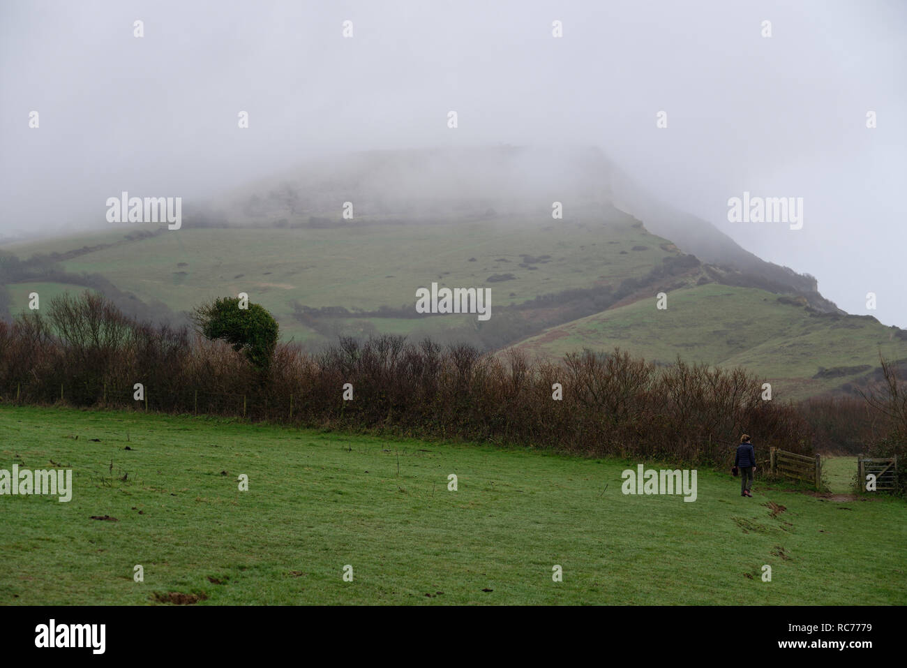 Golden Cap in collina la distanza con la roteazione foschia marina. Foto Stock